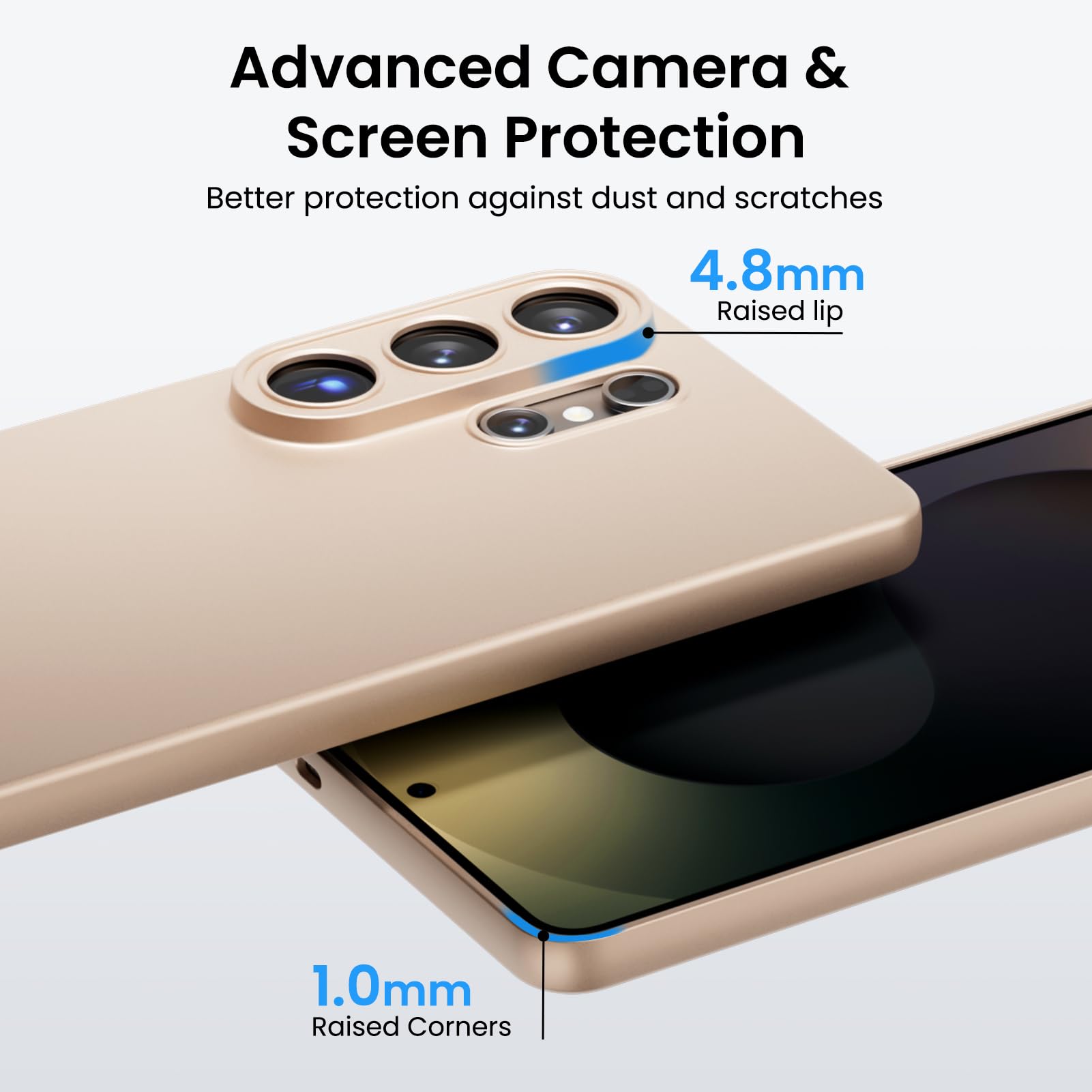 Advanced Camera & Screen Protection  
Better protection against dust and scratches  

4.8mm Raised lip  
1.0mm Raised Corners