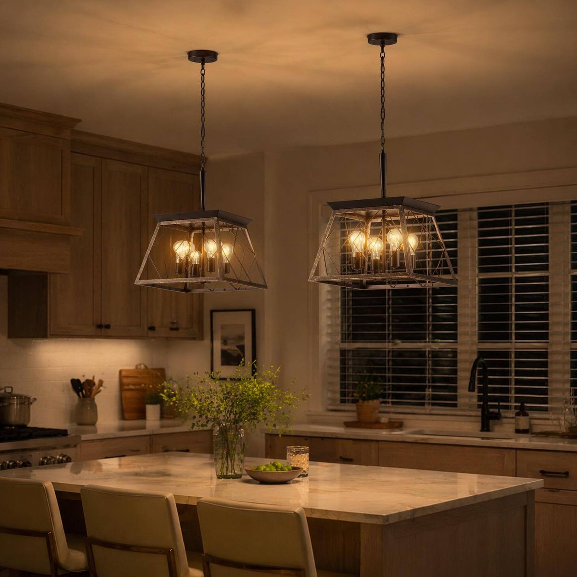 Left. RYHNUYNE - 16-Inch Industrial Black and Gold 4-Light Pendant Chandelier with Metal Cage Shade, Adjustable Chain for Kitchen Island.