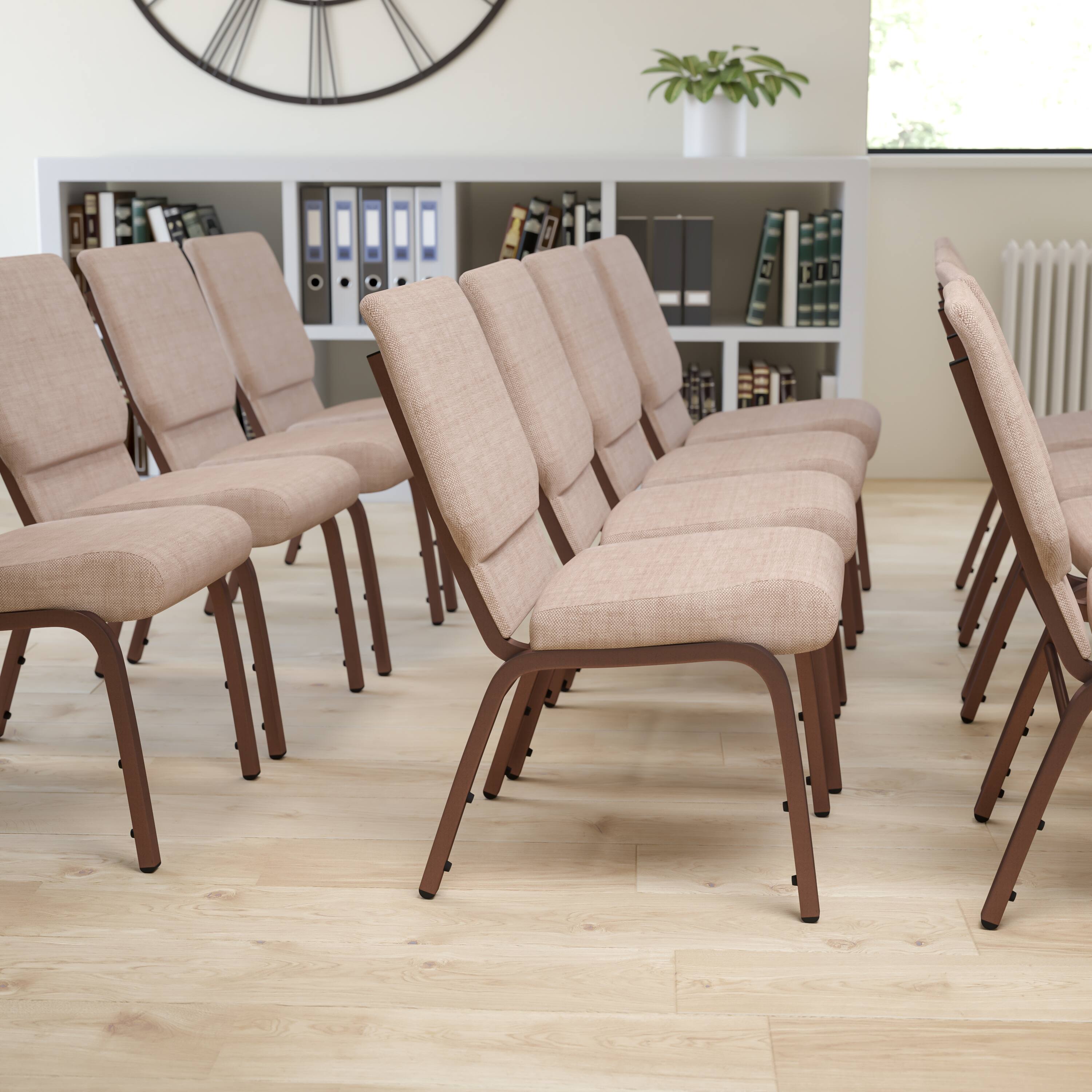 Alt View 1. Emma + Oliver - 18.5"W Stackable Church/Reception Guest Chair - Beige Fabric/Copper Vein Frame.