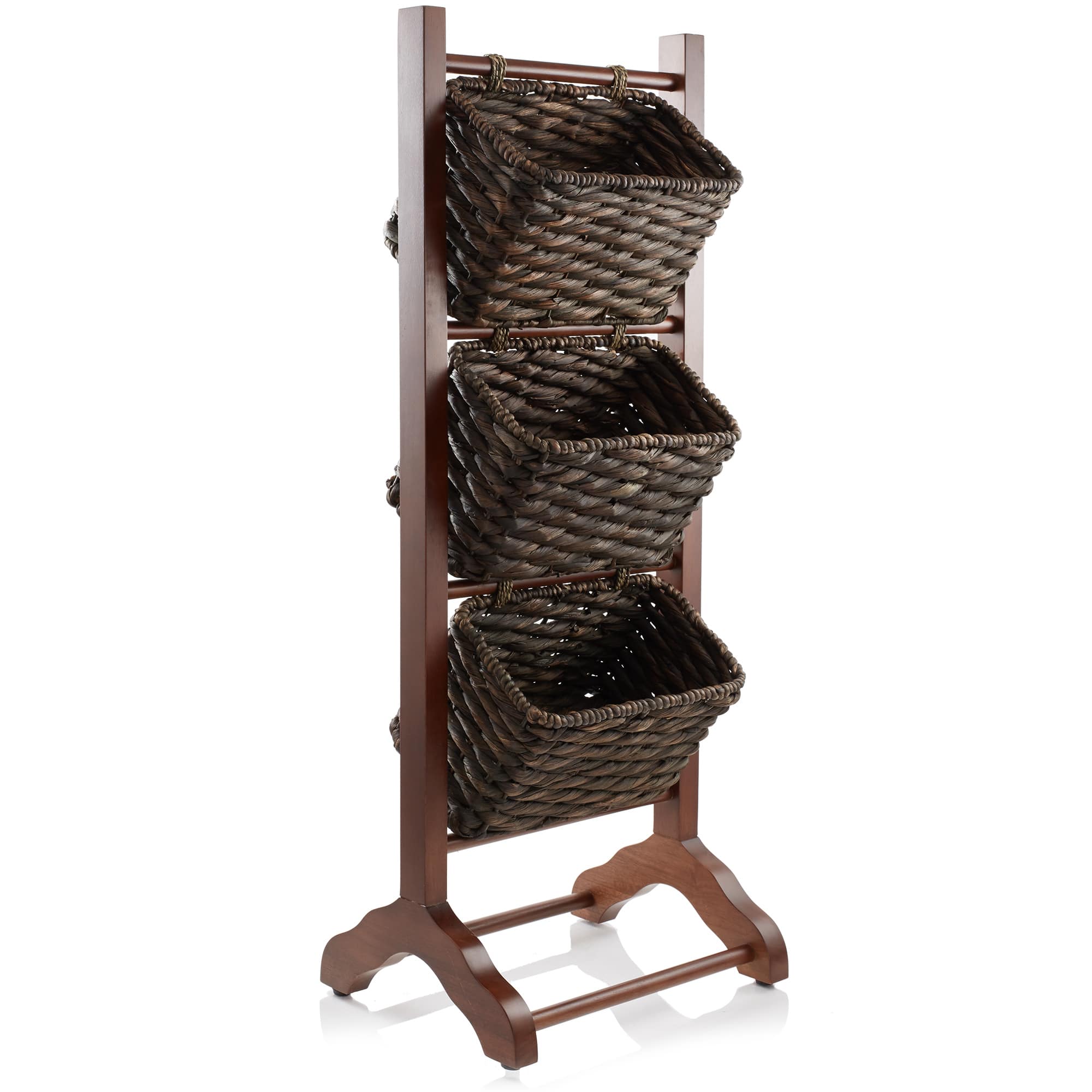 Casafield - 3-Tier Floor Stand with Hyacinth Storage Basket Bins - Walnut, Espresso