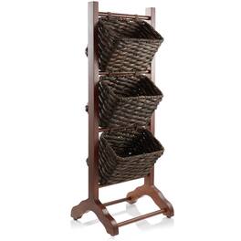 Casafield - 3-Tier Floor Stand with Hyacinth Storage Basket Bins - Walnut, Espresso