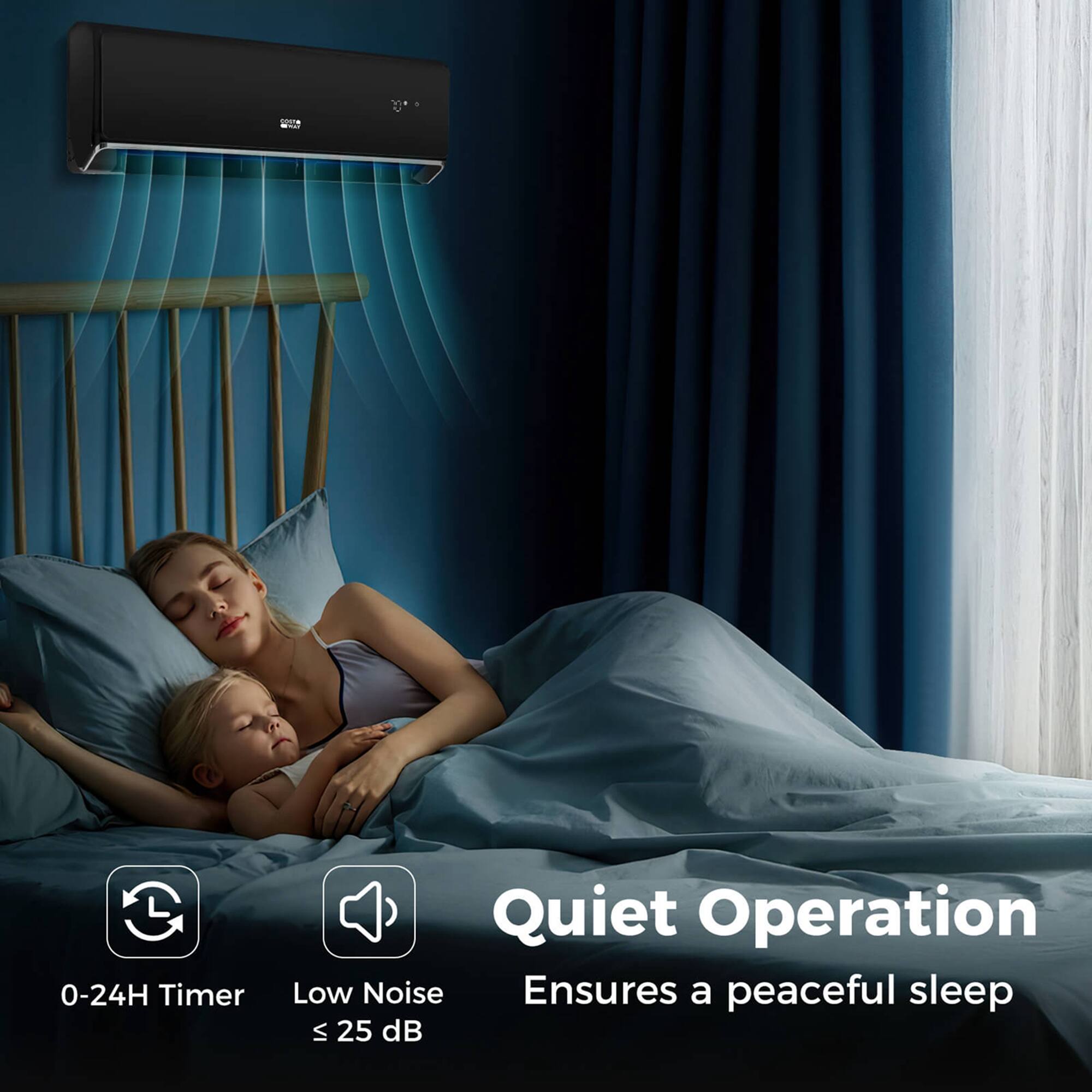 The text on the image reads: "Quiet Operation: 0-24H Timer, 0-2 G, 25 dB, ensures a peaceful sleep."