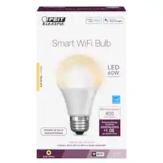 FEIT Electric Smart WiFi Bulb
- Soft White - 2700K
- LED 60W REPLACEMENT
- Suitable for use in enclosed fixtures
- Brightness/Luminosity: 800 lumens
- Estimated Energy Cost: $1.08 per year
- TURN ON, OFF, DIM LIGHTS CONTROL WITH APP OR WITH A VOICE ASSISTANT
- Soft White WiFi Pack 1 A19
- Works with Alexa and Hey Google