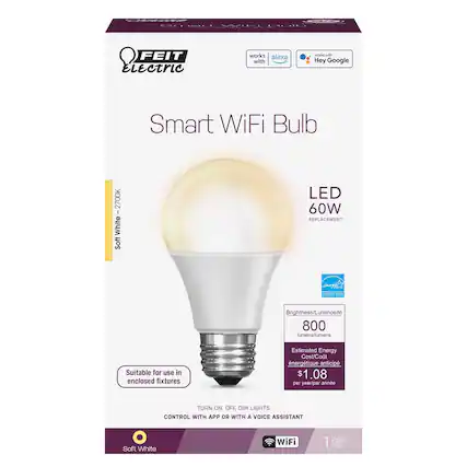 FEIT Electric Smart WiFi Bulb
- Soft White - 2700K
- LED 60W REPLACEMENT
- Suitable for use in enclosed fixtures
- Brightness/Luminosity: 800 lumens
- Estimated Energy Cost: $1.08 per year
- TURN ON, OFF, DIM LIGHTS CONTROL WITH APP OR WITH A VOICE ASSISTANT
- Soft White WiFi Pack 1 A19
- Works with Alexa and Hey Google