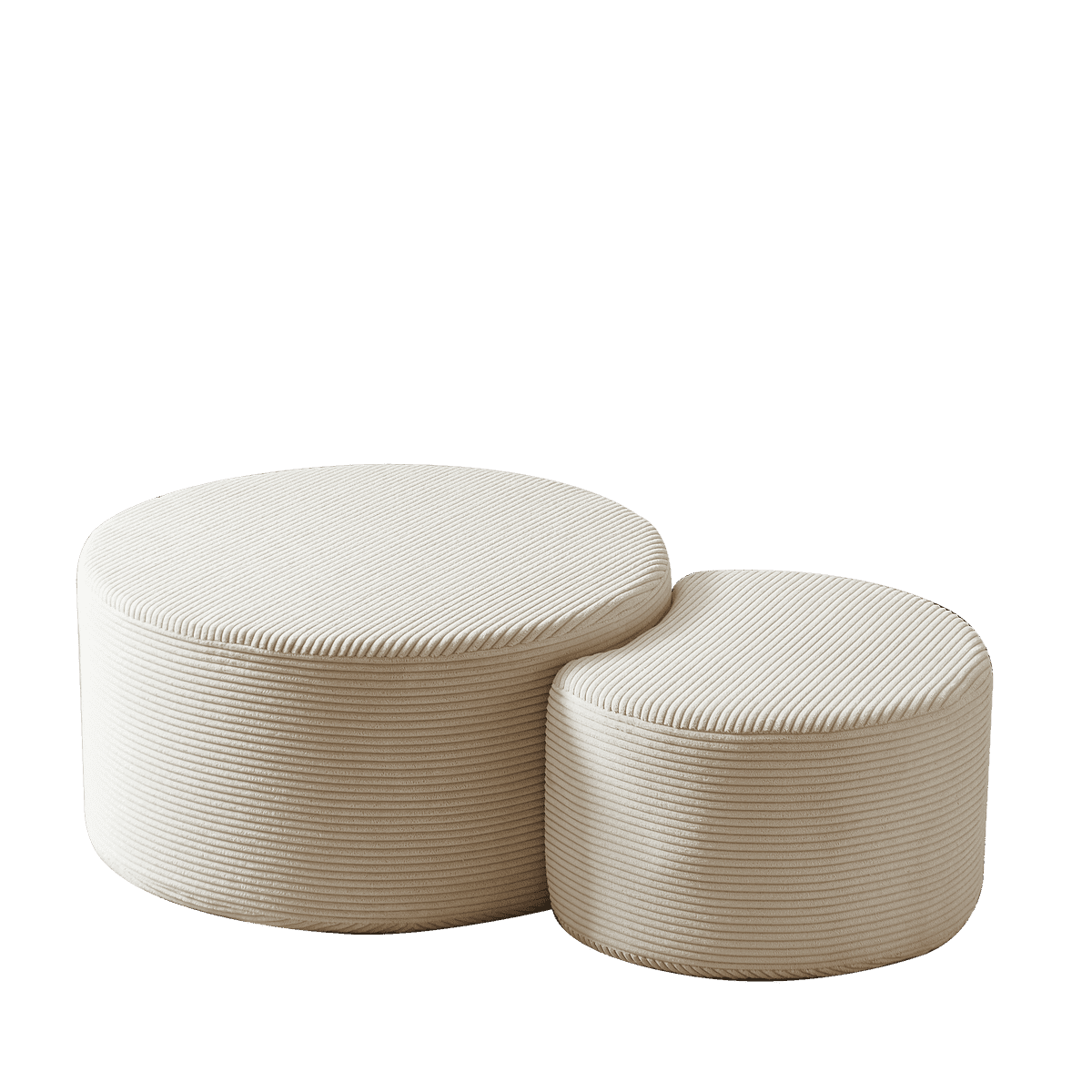 Left. Kadyn - Nesting Coffee Table Set of 2, Upholstered Round Foam Tables for Living Room, Side/End Table Ottoman, No Assembly - Beige.