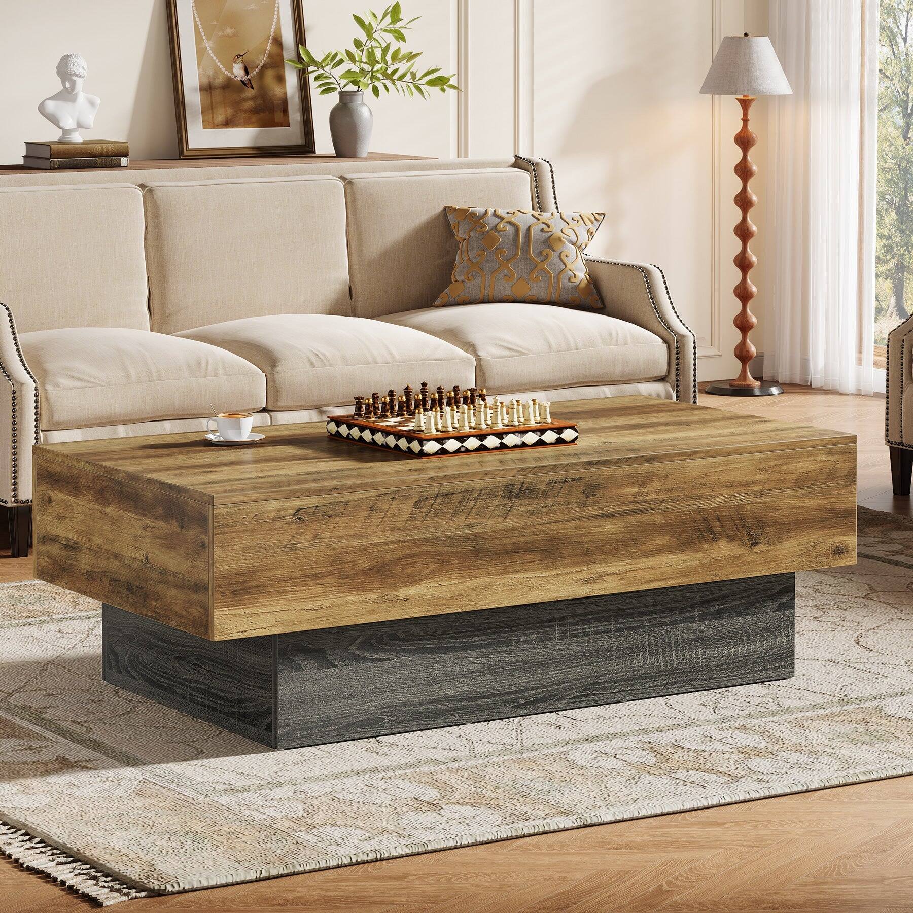Front. Tribesigns - Farmhouse Coffee Table with Engineered Wood Construction and Rectangular Top for Living Room - Brown.