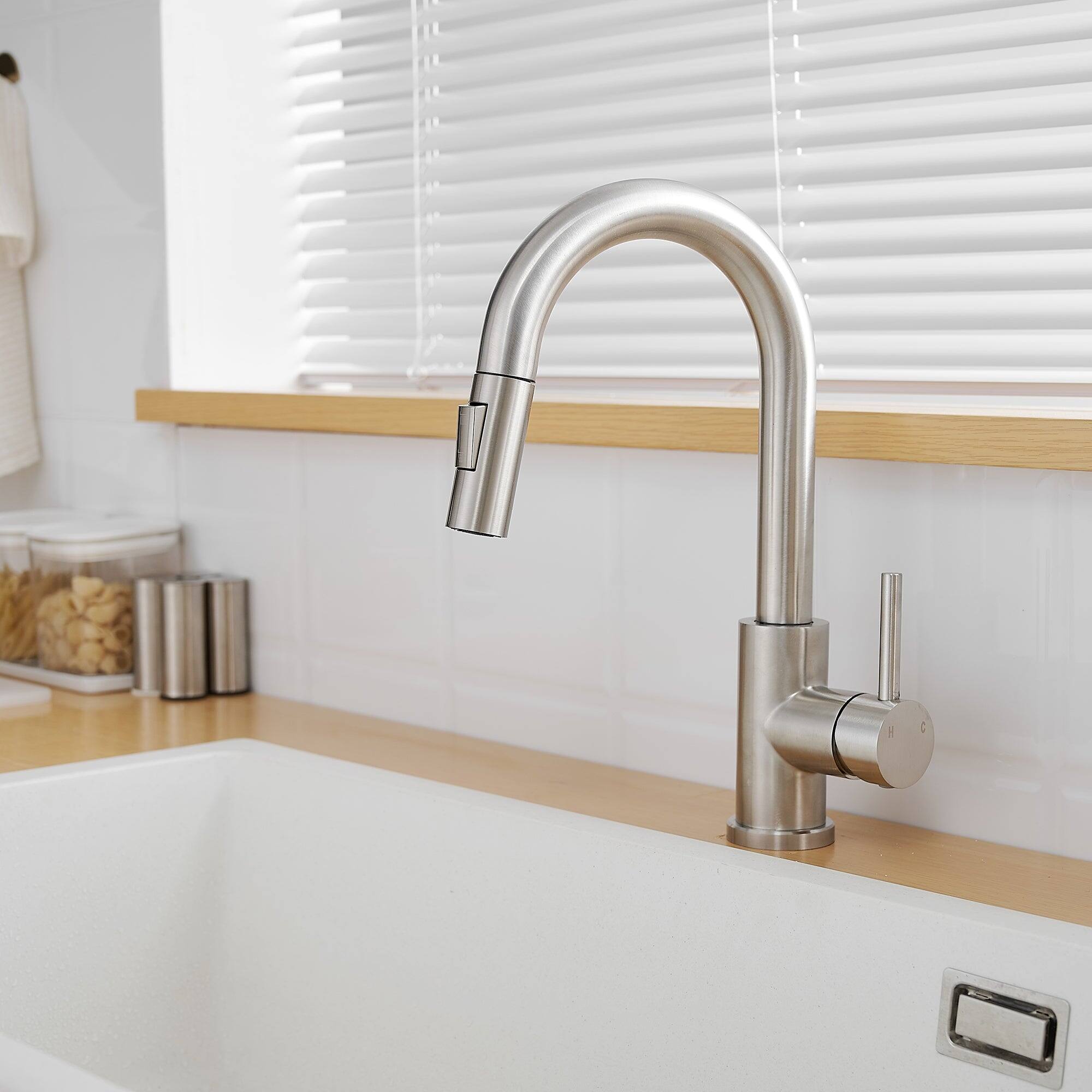 Alt View 10. Boyel Living - Brushed Nickel Single Handle Pull Down Bar Faucet with Water Supply Hoses and Ceramic Disc Cartridge - Brushed Nickel.