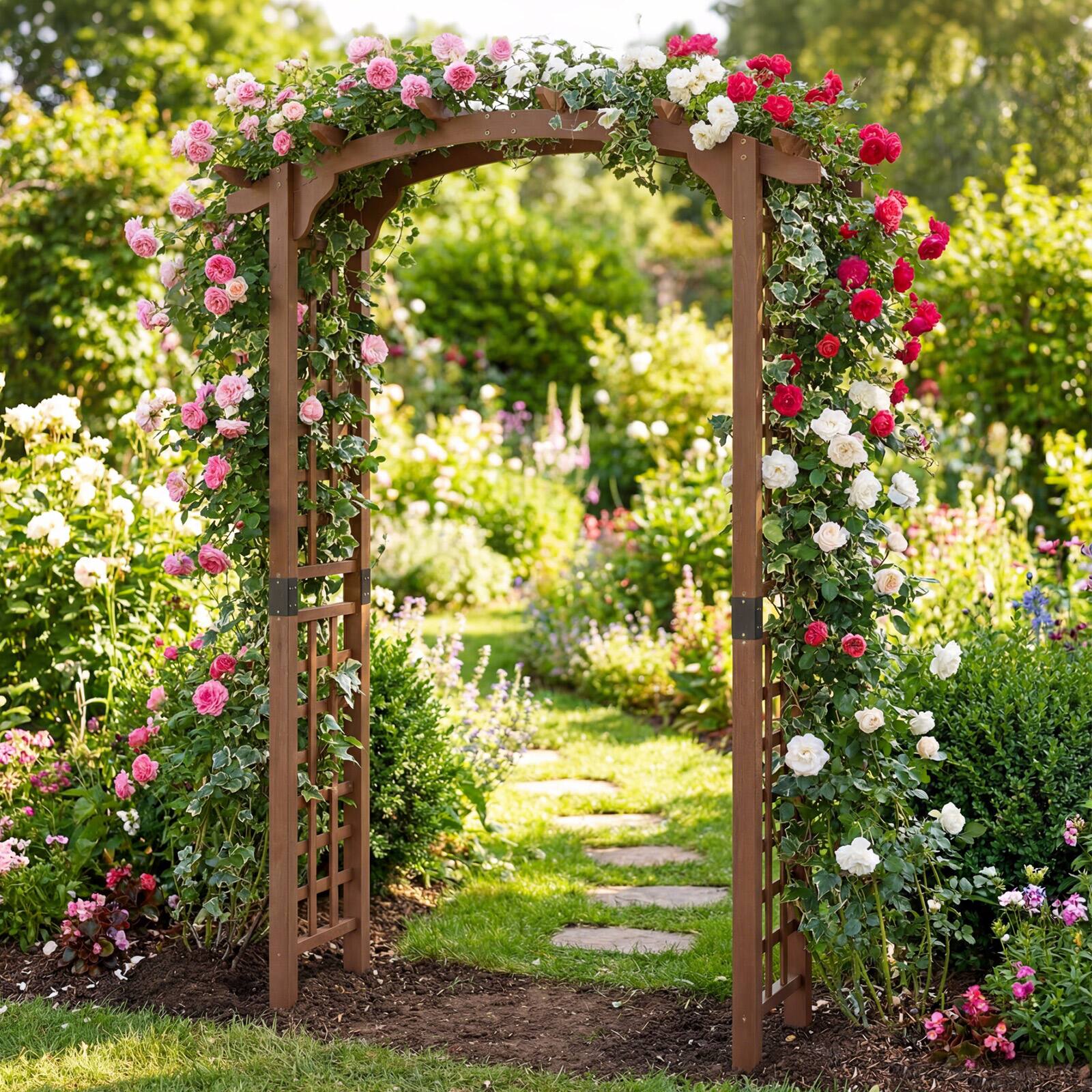 Alt View 1. Gymax - Gymax 7.5 FT Garden Arch Wooden Arbor Outdoor Wood Trellis for Climbing Plants - Brown.