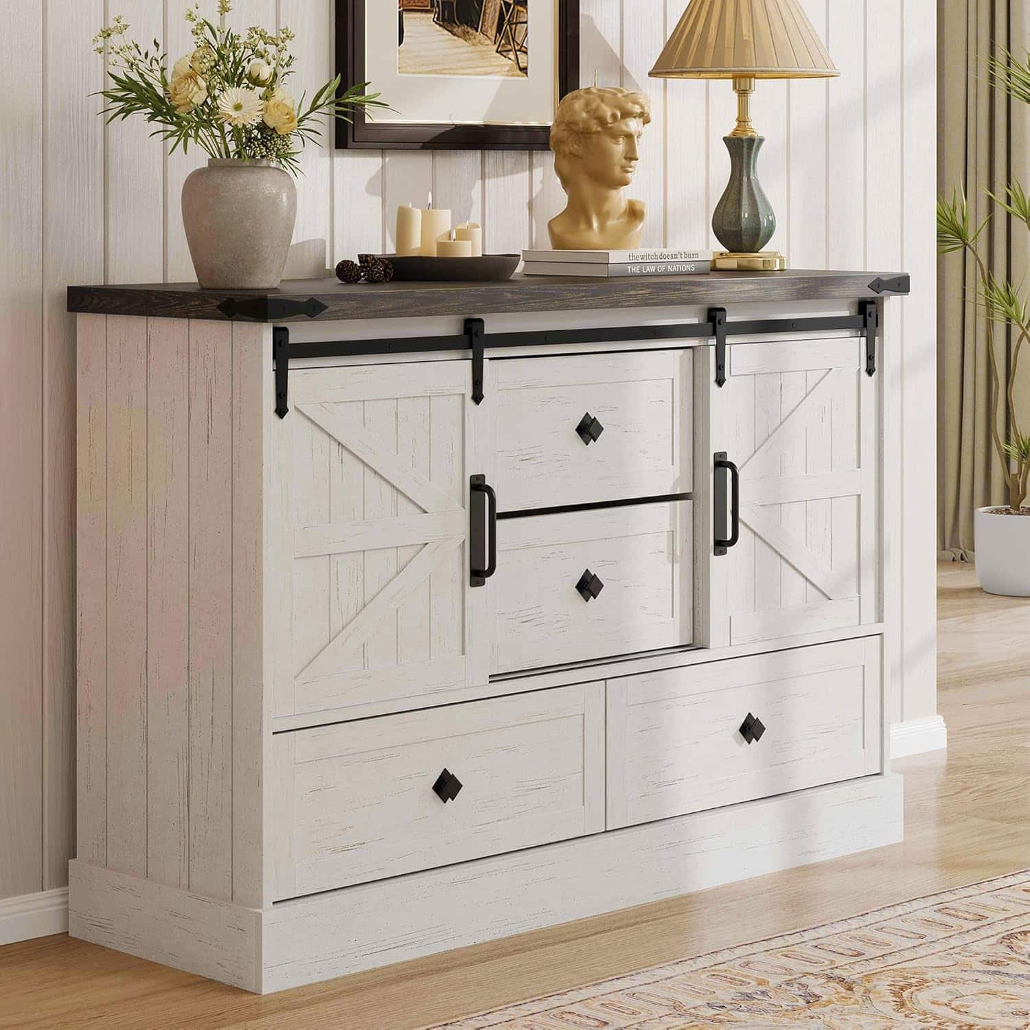 GARVEE - 45" Farmhouse 4-Drawer Dresser with Sliding Barn Doors, TV Stand or Bedroom Cabinet, Antique White - Antique White