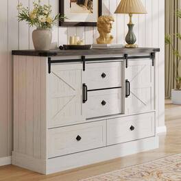 GARVEE - 45" Farmhouse 4-Drawer Dresser with Sliding Barn Doors, TV Stand or Bedroom Cabinet, Antique White - Antique White