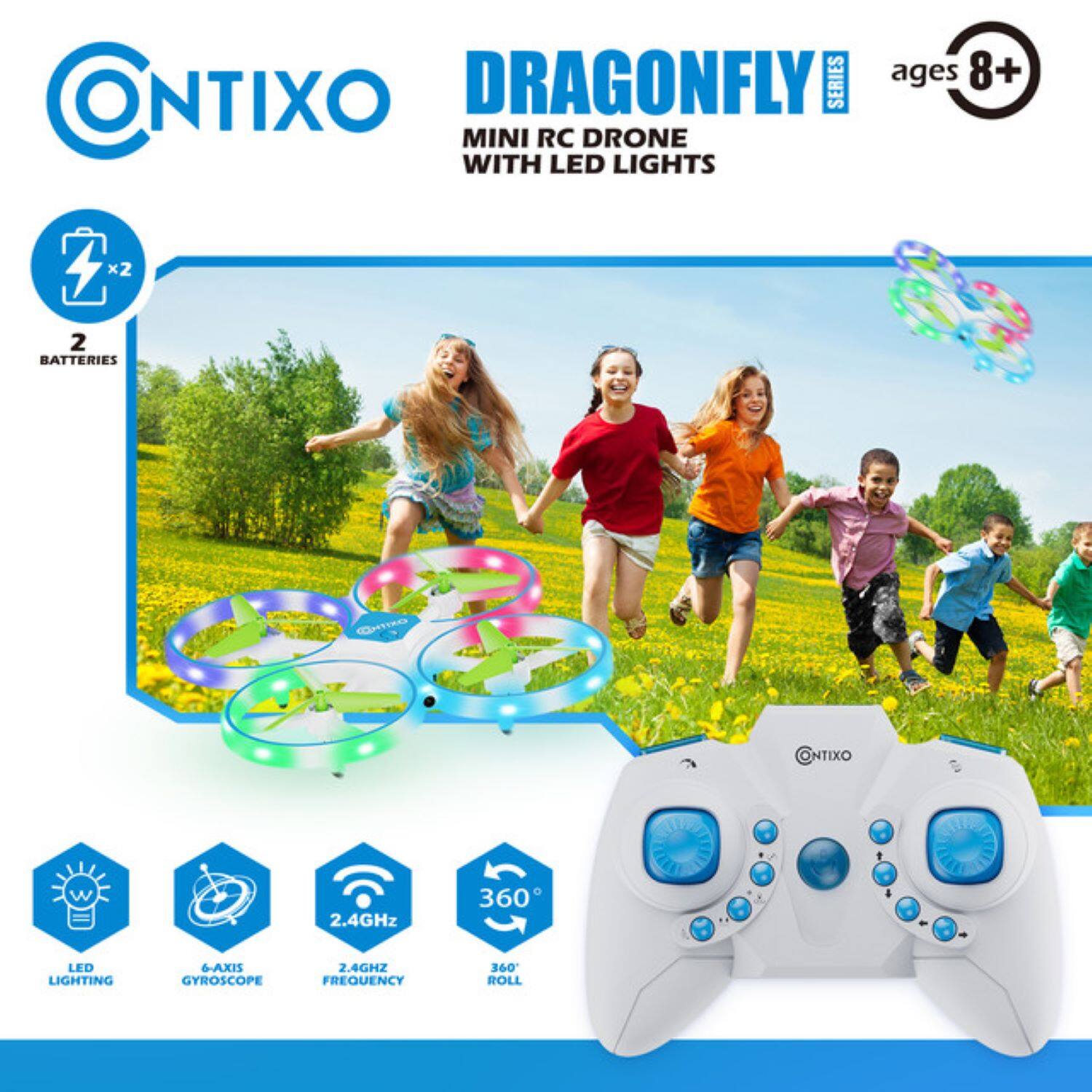 The text on the image is grouped and corrected as follows:

"Dragonfly Series ages 8+ ONTIXO MINI RC DRONE WITH LED LIGHTS x2 2 BATTERIES Gtio NTIXO 2.4GHz 360 LED LIGHTING 6AXIS GYROSCOPE 2.4GHZ FREQUENCY 360 ROLL"