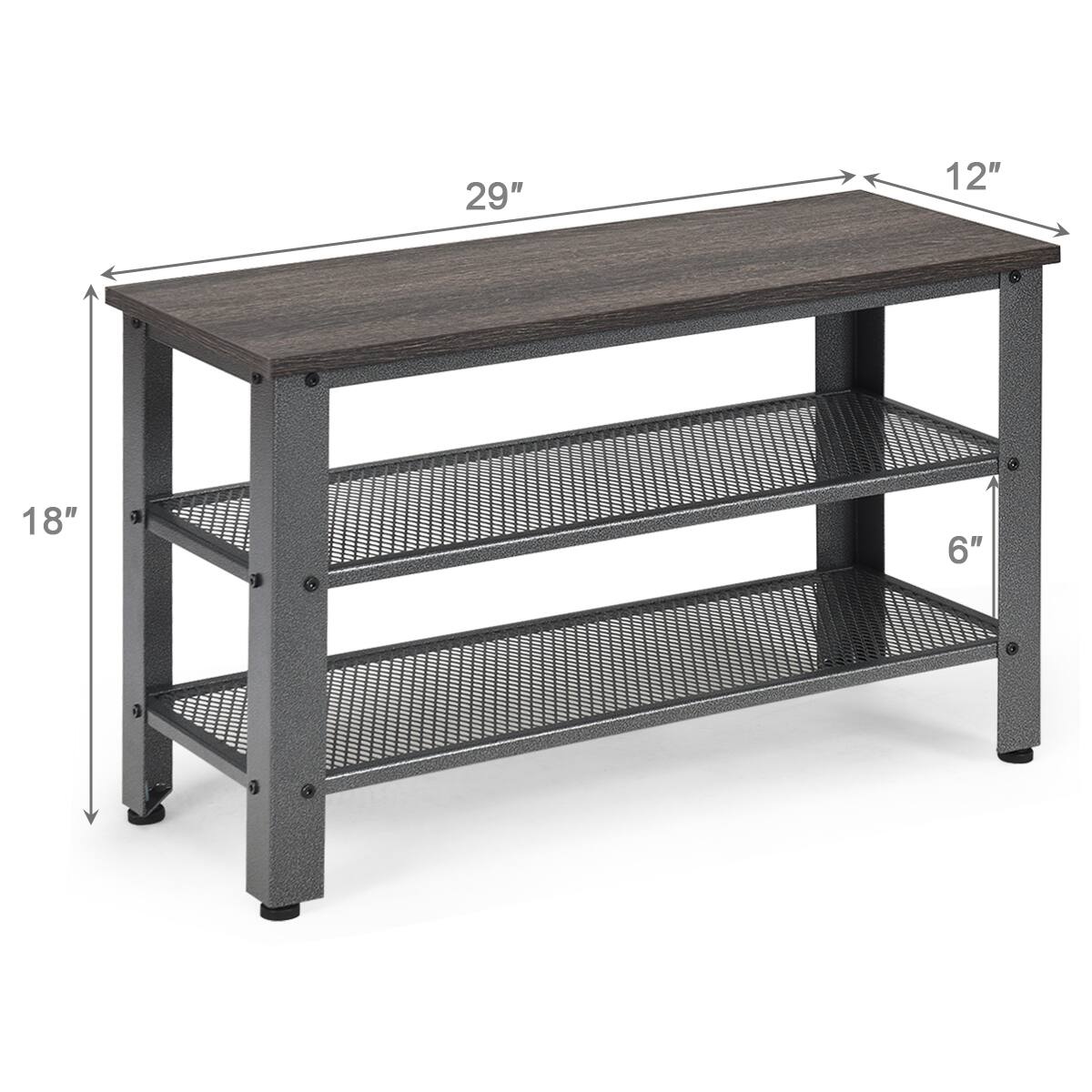 The text on the image reads "29" 12" 18" 6". This indicates that the table is 29 inches long, 12 inches wide, 18 inches high, and has a shelf that is 6 inches deep.