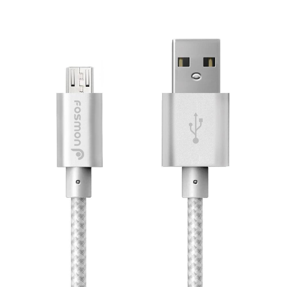 Angle. Fosmon - 3ft High-Speed Micro USB to USB Sync & Charge Data Cable - Fabric Braided Jacket | Aluminum Housing | 480Mbps, Silver - Silver.