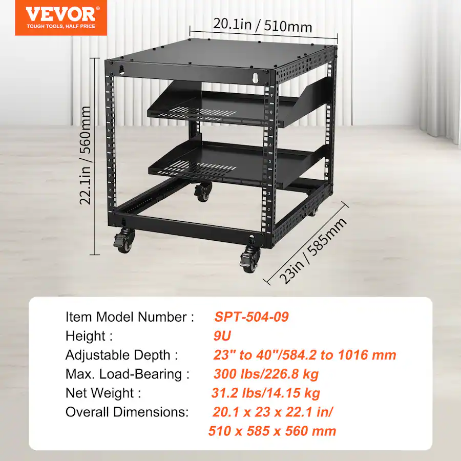 Spt Racks VEVOR 9U Open Frame Server Rack, 23'' 40'' Adjustable Depth, Free ...