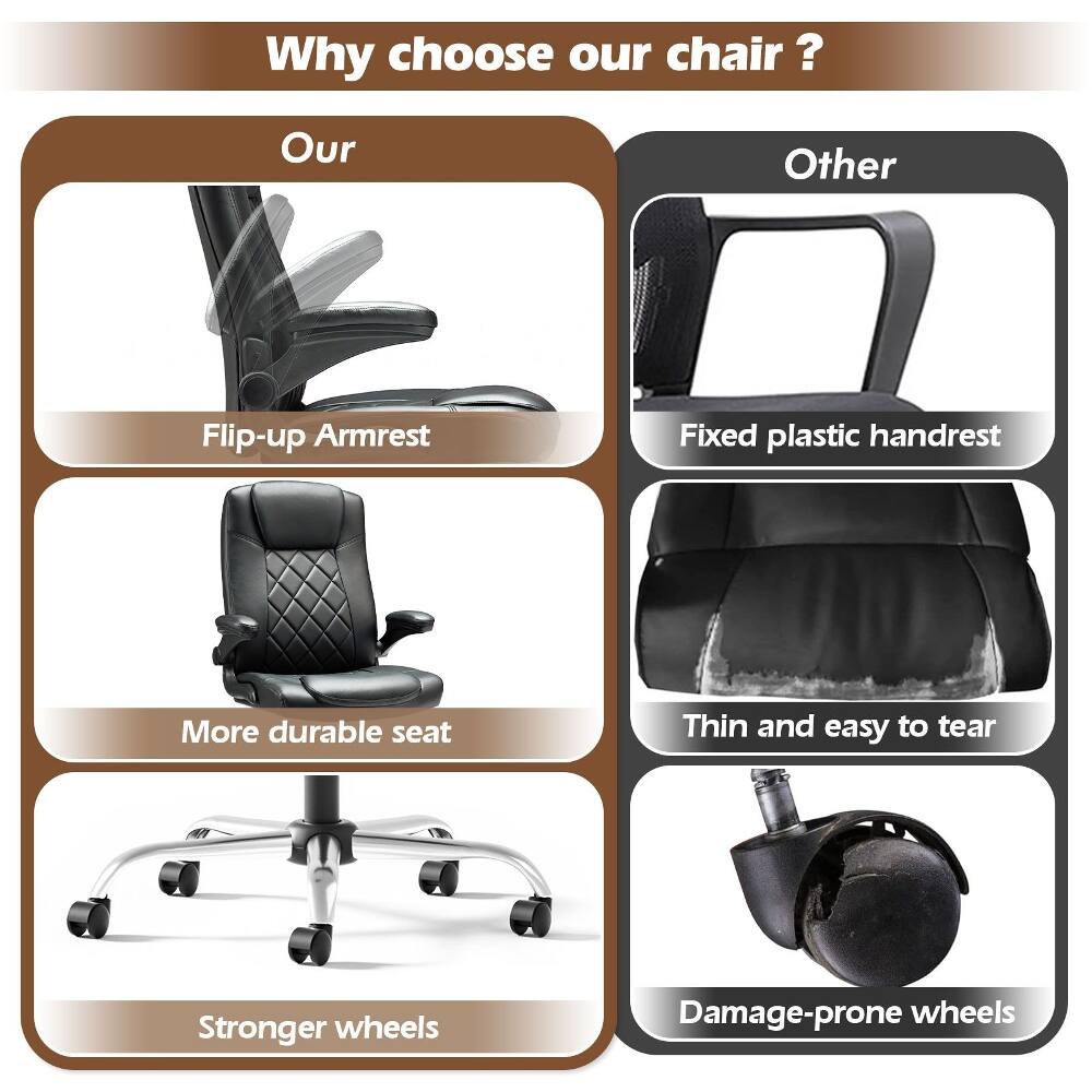 Why choose our chair?

Our
- Flip-up Armrest
- More durable seat
- Stronger wheels

Other
- Fixed plastic handrest
- Thin and easy to tear
- Damage-prone wheels