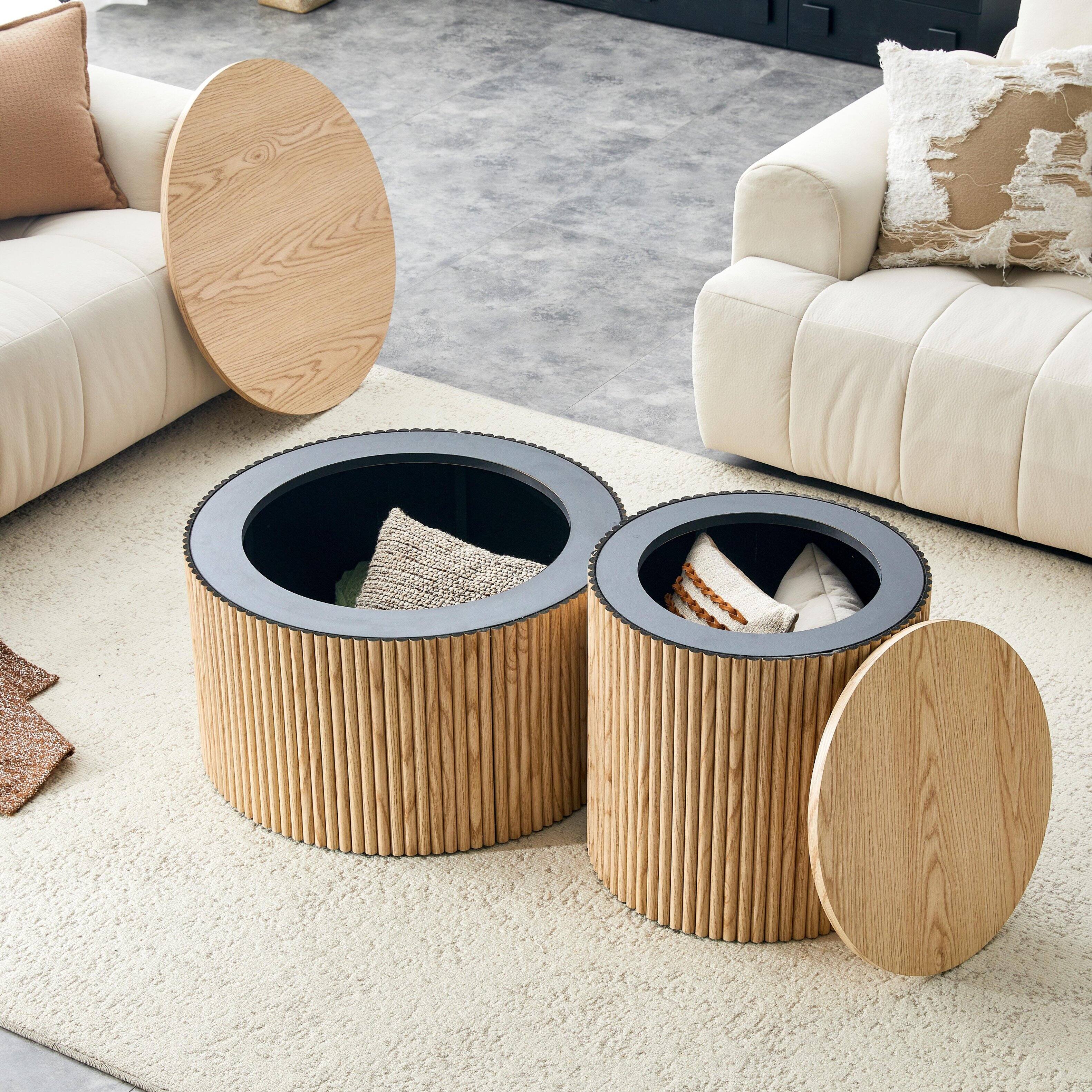 Alt View 4. Loheer - Loheer- 2.6ft Round Nesting Coffee Table Set with Storage Roman Column Light Wood Grain Side Tables for Living Room - Wood.