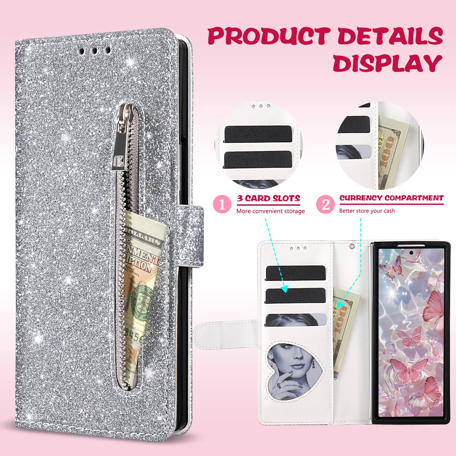 PRODUCT DETAILS DISPLAY

1. 3 CARD SLOTS
   - More convenient storage

2. CURRENCY COMPARTMENT
   - Better store your cash