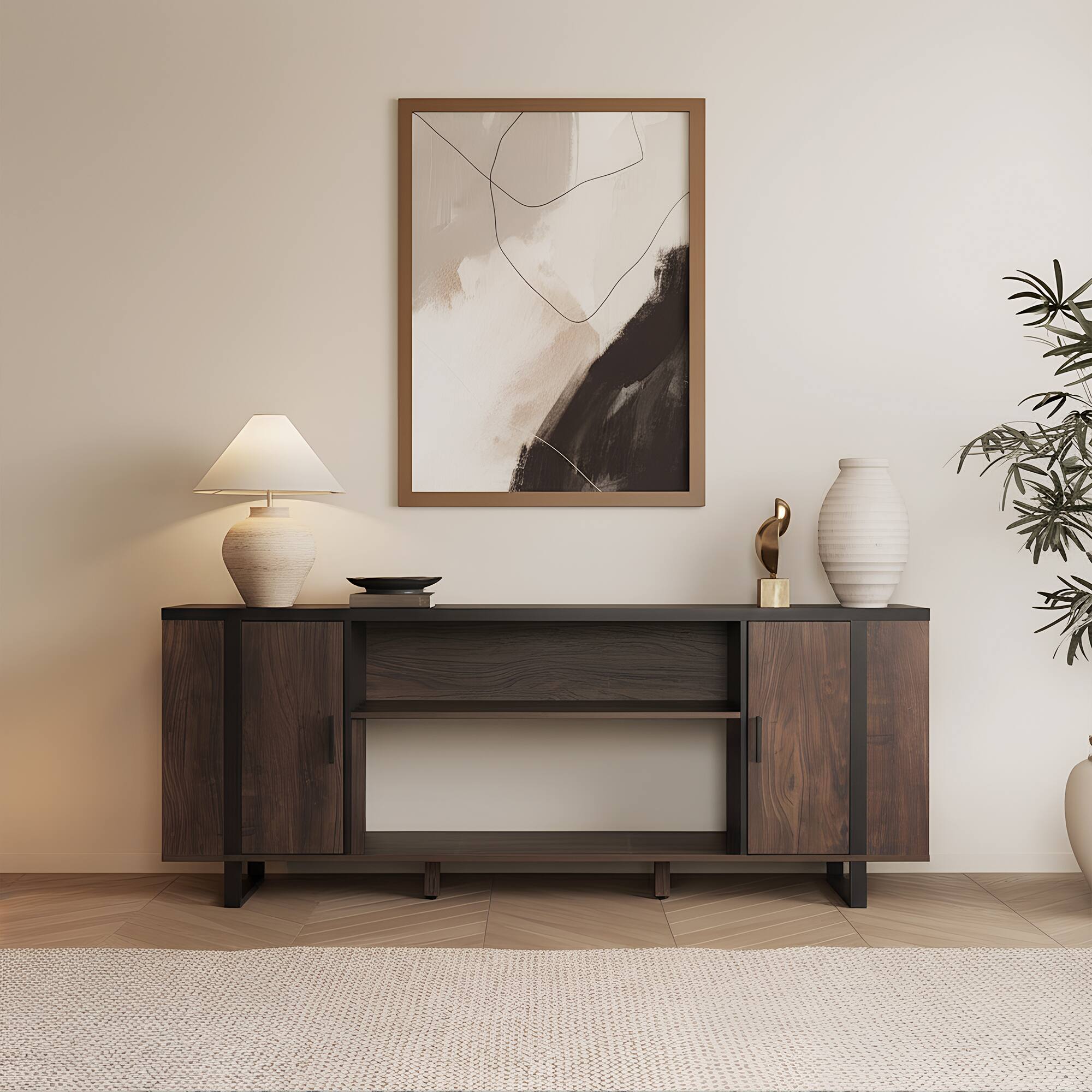 Left. Parrot Uncle - 72" Farmhouse TV Stand with Electric Fireplace, Open Storage Shelves and Cabinets for TV up to 80" - Brown.