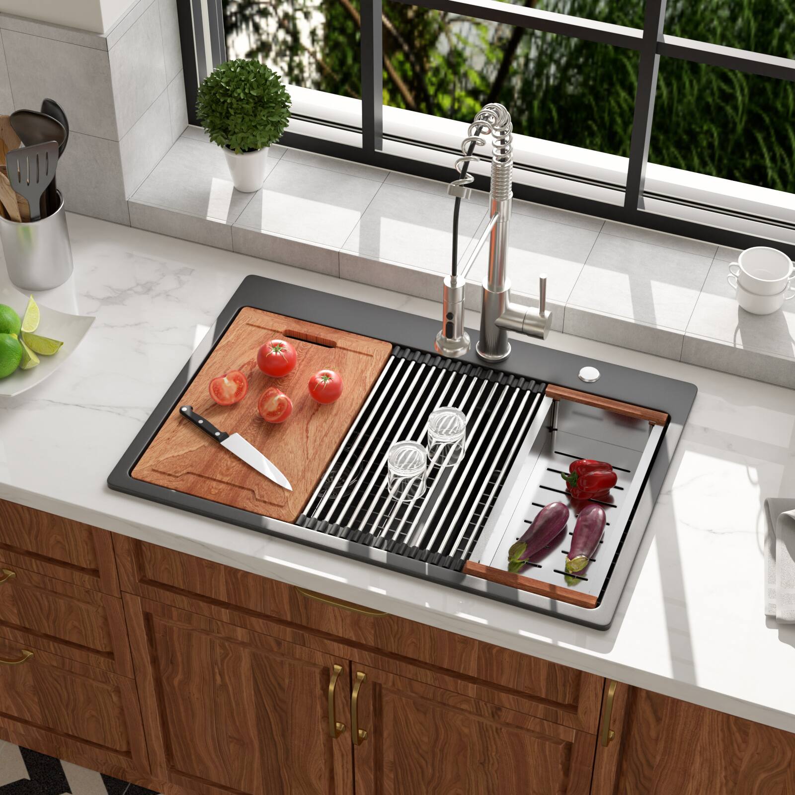 Left. Lordear - 33x22x10 Inch Black Granite Composite Workstation kitchen Sink Low Divide 60/40 Double Bowl Quartz Drop In Kitchen Sink - Black.