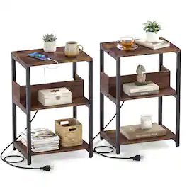 Costway - 2 PCS 3-Tier Nightstand with Charging Station, Open Shelves & Heavy-Duty Metal Frame - Rustic Brown