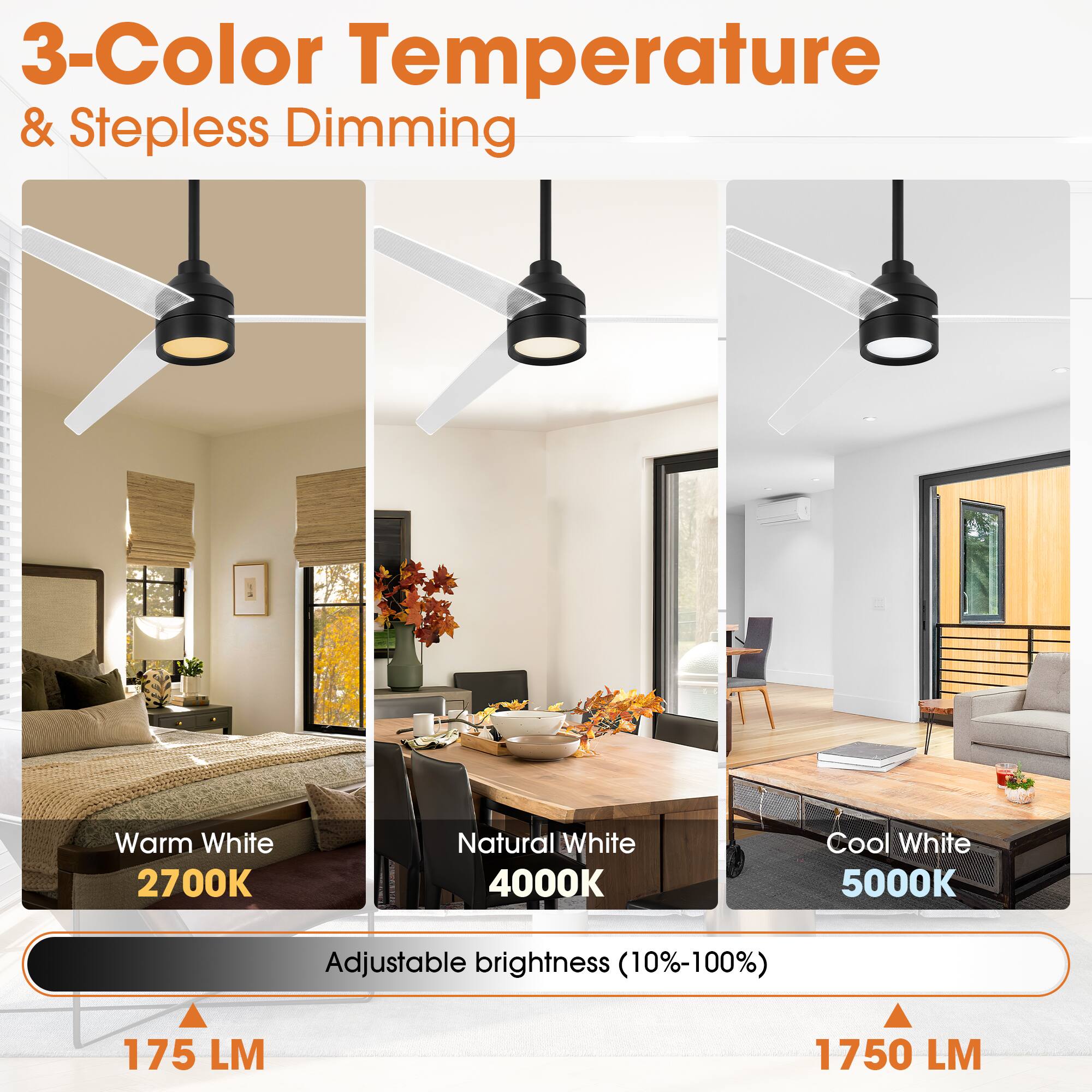 3-Color Temperature & Stepless Dimming  
Warm White 2700K  
Natural White 4000K  
Cool White 5000K  
Adjustable brightness (10%-100%)  
175 LM  
1750 LM