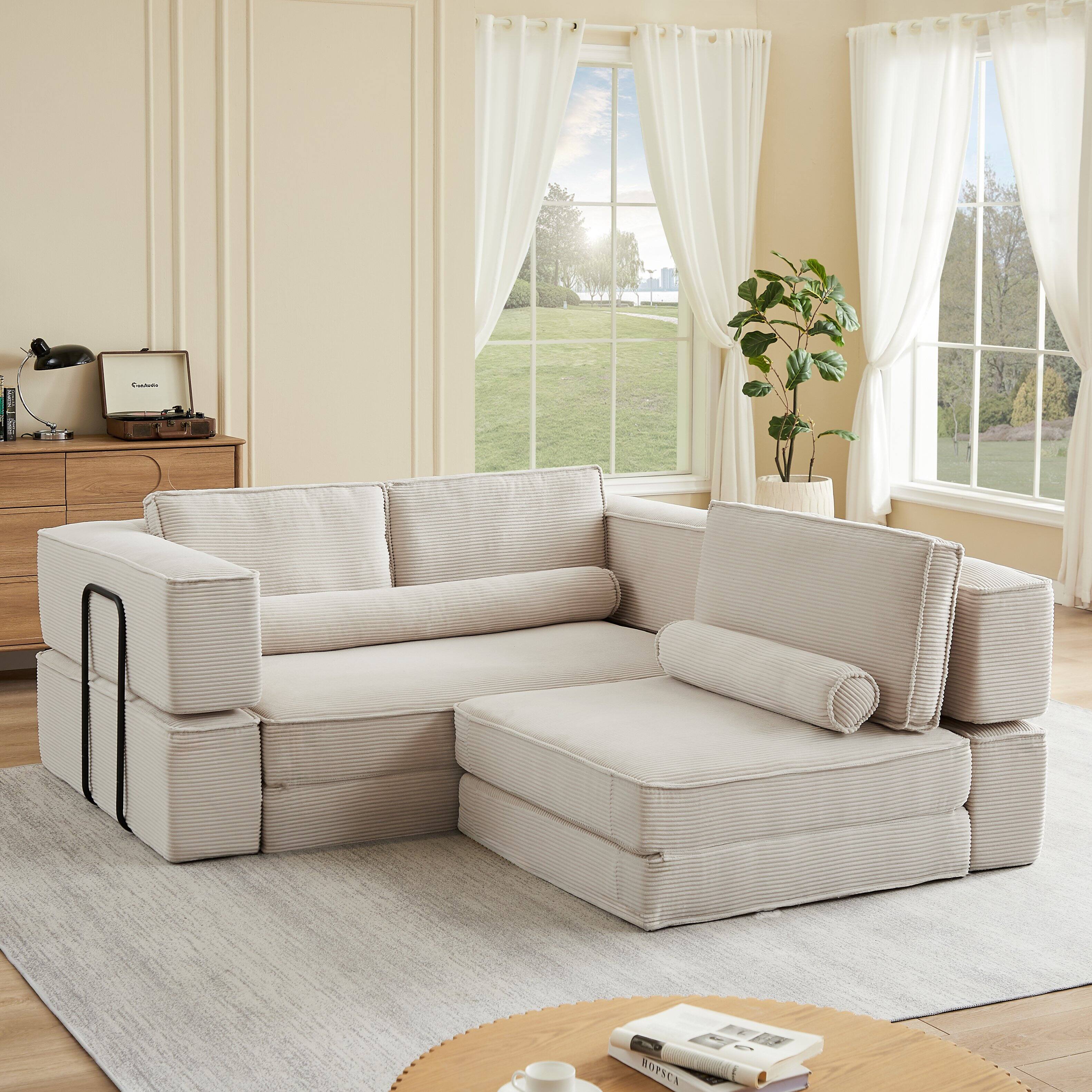 Alt View 2. Loheer - Loheer Large Modular Corduroy Sofa Freely Combinable Sectional Modern Building Block Couch - khaki.