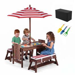 Costway - Kids Picnic Table & Benches Set with Adjustable Umbrella Removable Cushions Boxes - Red