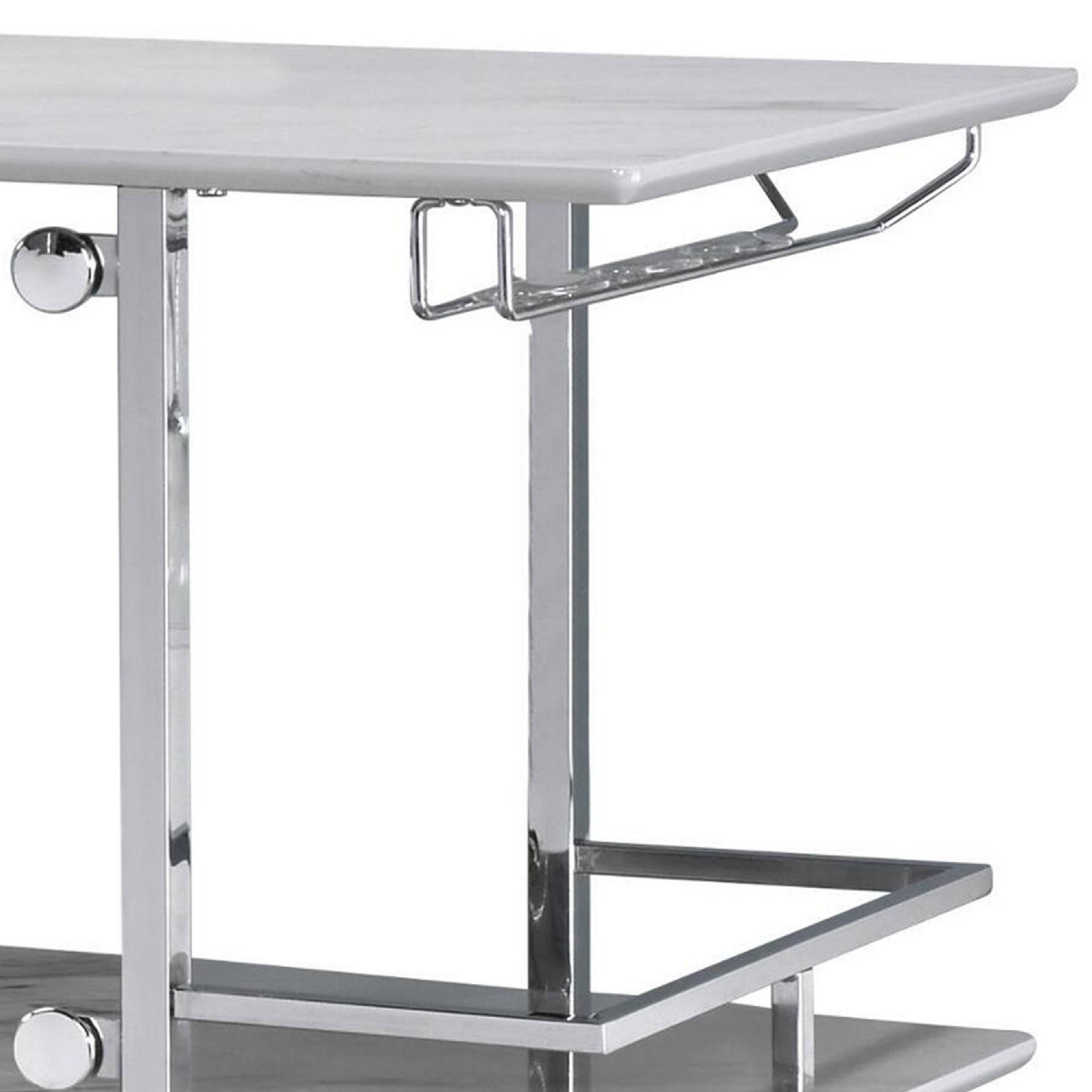 Alt View 3. Manhattan Lane - 47 Inch Faux Marble Bar Table, Hanging Stemware, Steel Frame, White, Chrome - White and Chrome.