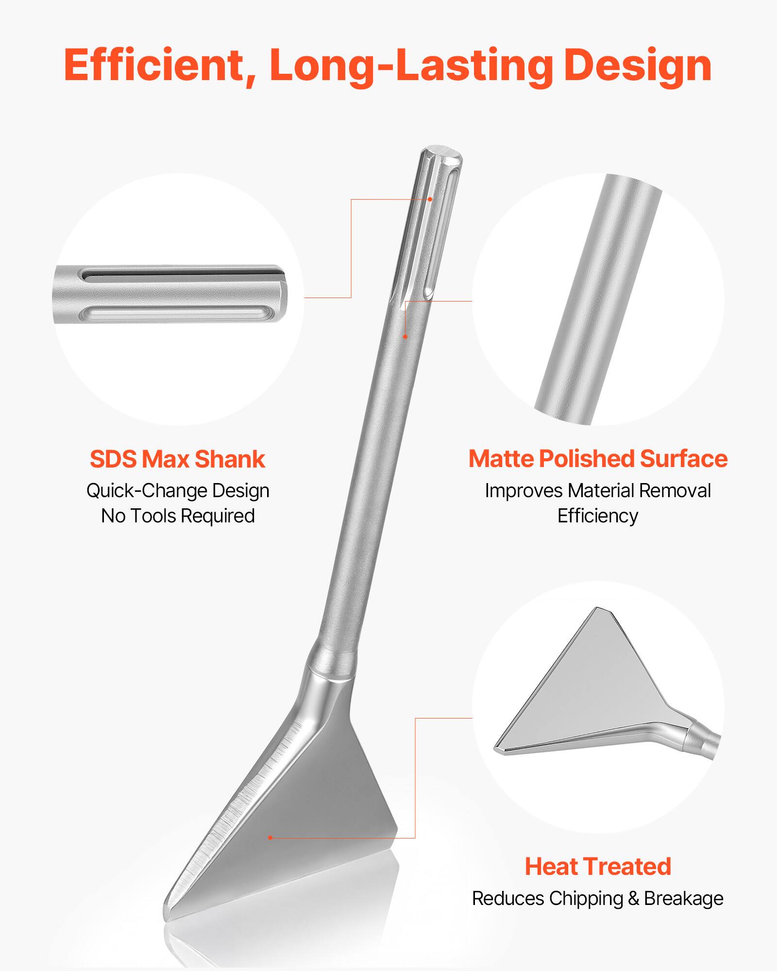 Efficient, Long-Lasting Design

- SDS Max Shank
  - Quick-Change Design
  - No Tools Required

- Matte Polished Surface
  - Improves Material Removal Efficiency

- Heat Treated
  - Reduces Chipping & Breakage