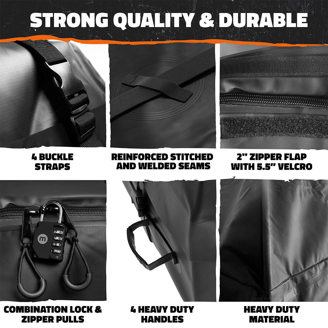 STRONG QUALITY & DURABLE

- 4 BUCKLE STRAPS
- REINFORCED STITCHED AND WELDED SEAMS
- 2" ZIPPER FLAP WITH 5.5" VELCRO
- COMBINATION LOCK & ZIPPER PULLS
- 4 HEAVY DUTY HANDLES
- HEAVY DUTY MATERIAL