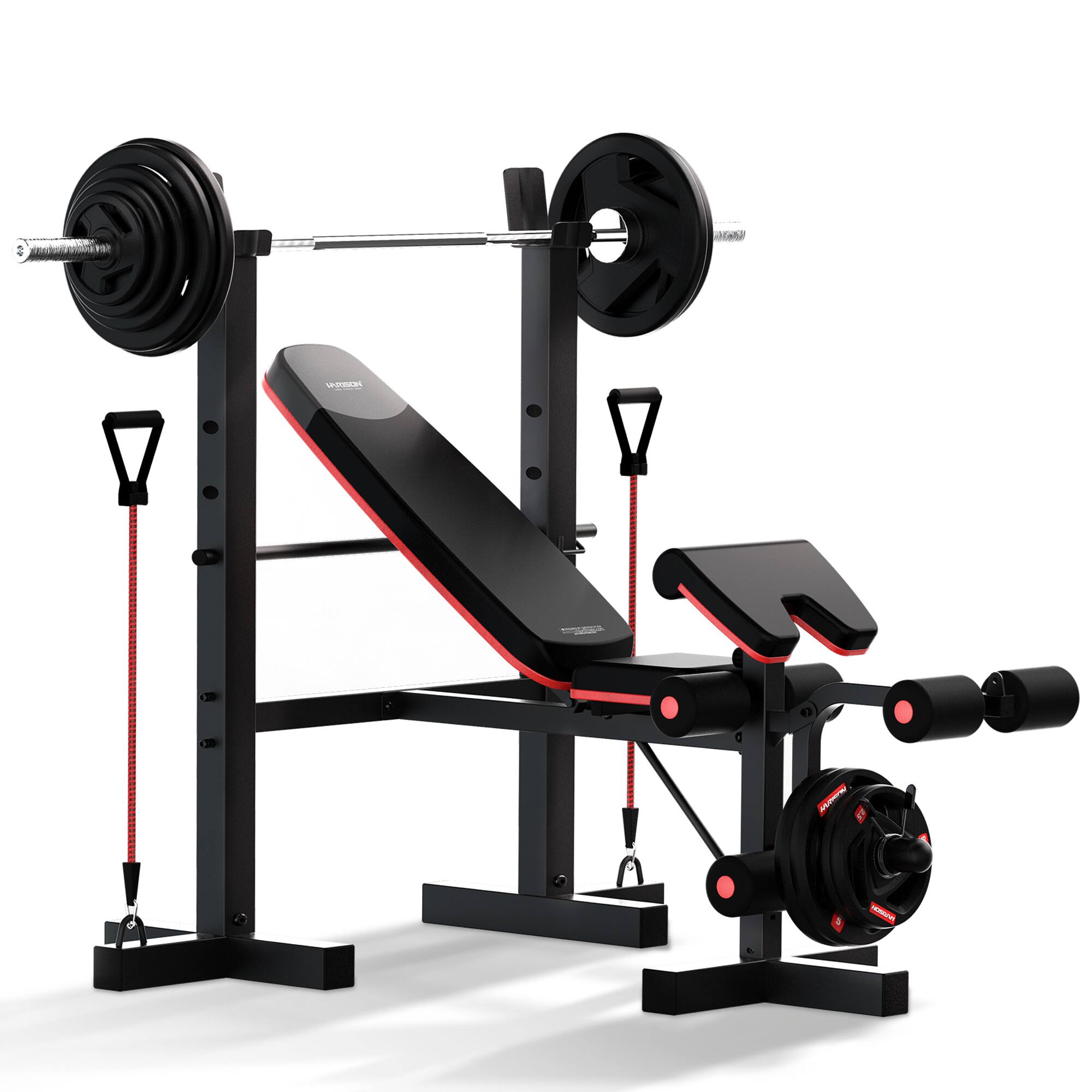HARISON - 6 in 1 Weight Bench Set 660 lbs, Workout Bench with Leg Extension, Preacher Curl & Resistance Bands（BB30813) - Black