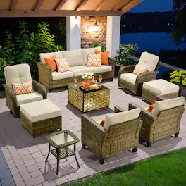 Ovios - 9 PCS Patio Furniture Set, Rattan Sofa with Swivel Chair, Ottoman & Coffee Table for Garden - Beige