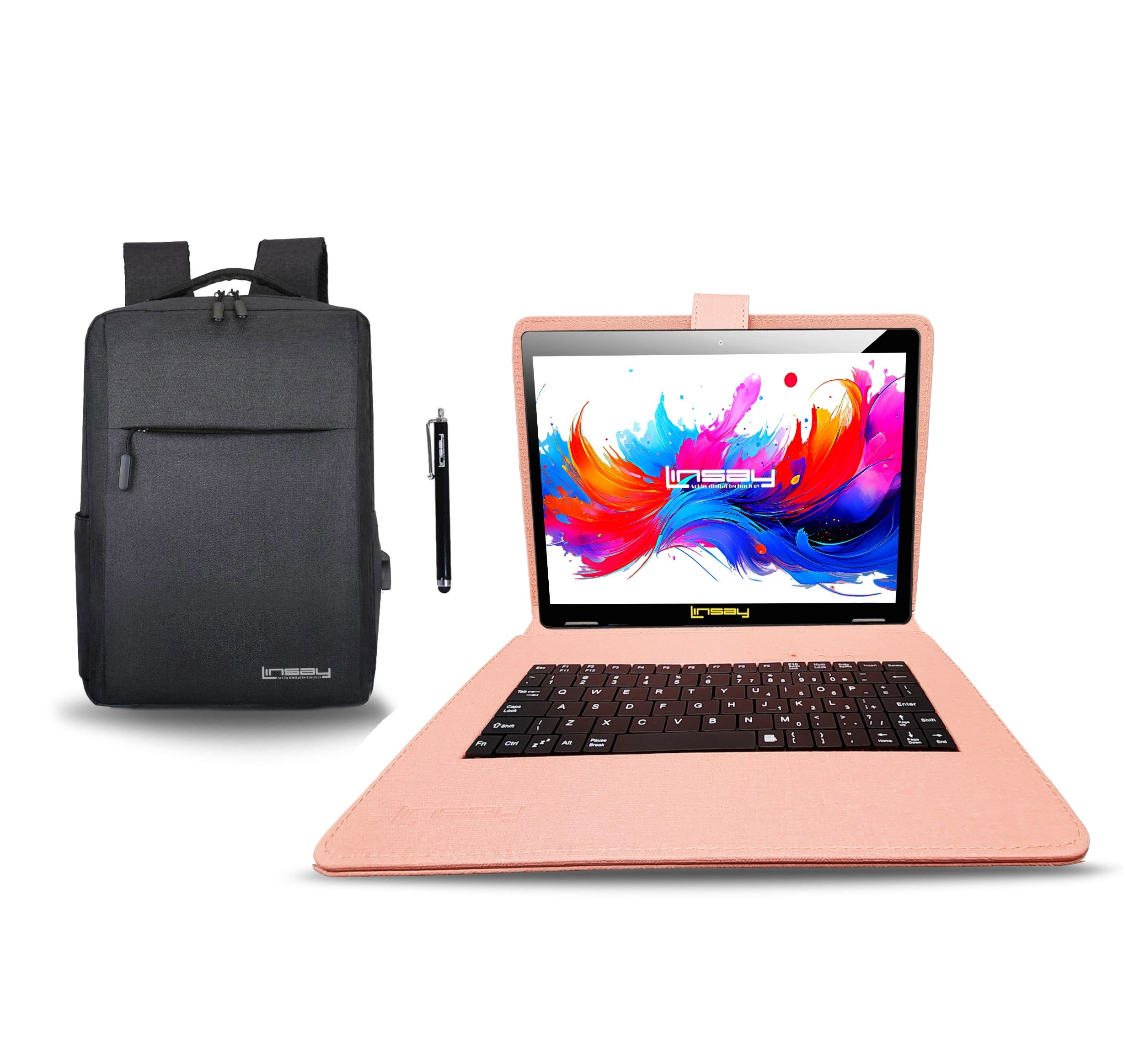 LINSAY - 10.1" Octa Core 256GB Storage Android 15 with Designer Cloth Keyboard Case and Stylish Backpack and Pen Stylus - Peach
