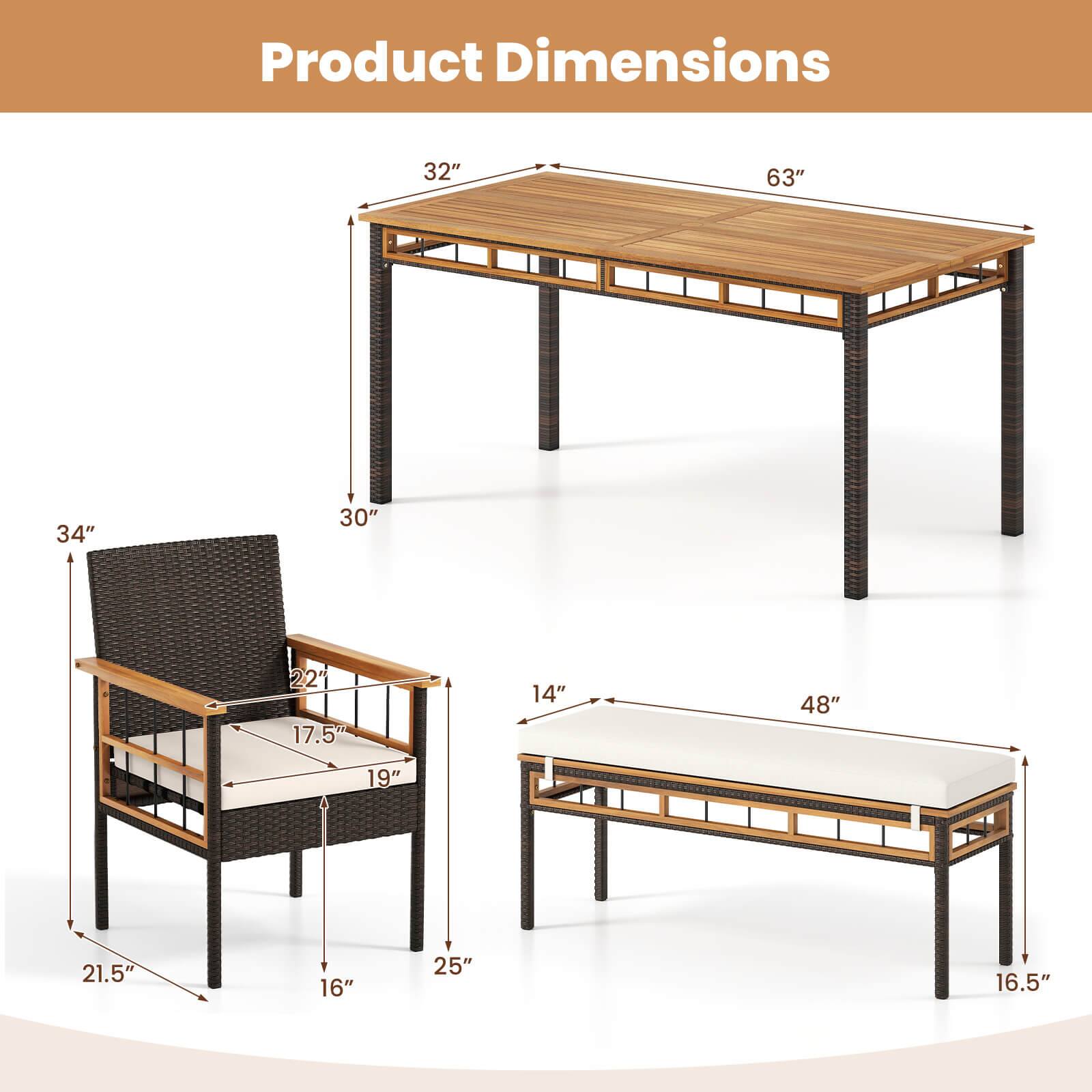 Product Dimensions

- Table: 63" x 32"
- Bench: 48" x 16.5"
- Chair: 34" x 30" x 22" x 17.5" x 19" x 21.5" x 16" x 25"