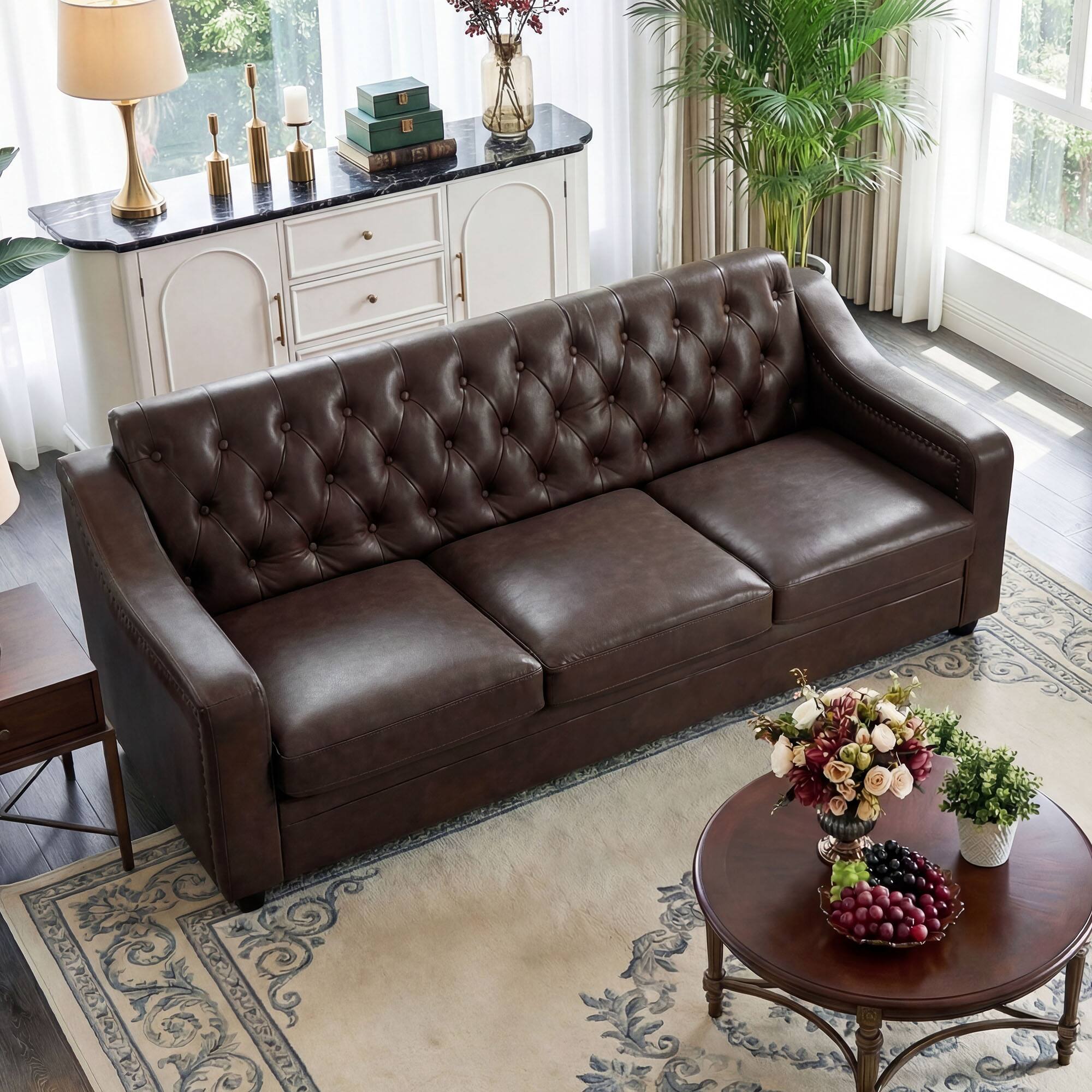 Alt View 2. Dyonery - 78.7" Three Seater Sofa, Chesterfield Sofa, Mid-Century Modern PU Upholstered, Deep Button Tufted Living Room Sofa,Brown - Black.