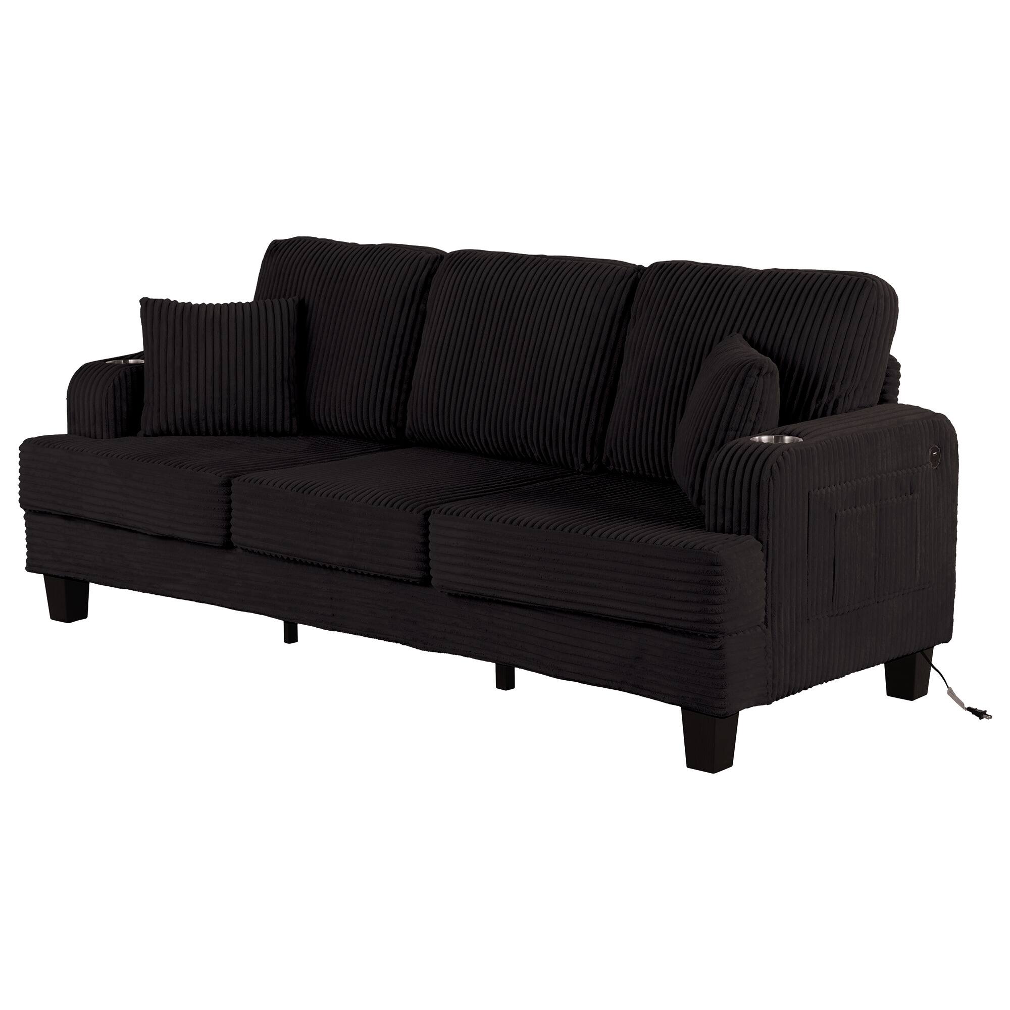 Alt View 1. Vaczon - 84" Upholstered Sofa with USB Charging Ports, Dual Cup Holders, and 2 Throw Pillows, 3-Seat Living Room Couch - Black.