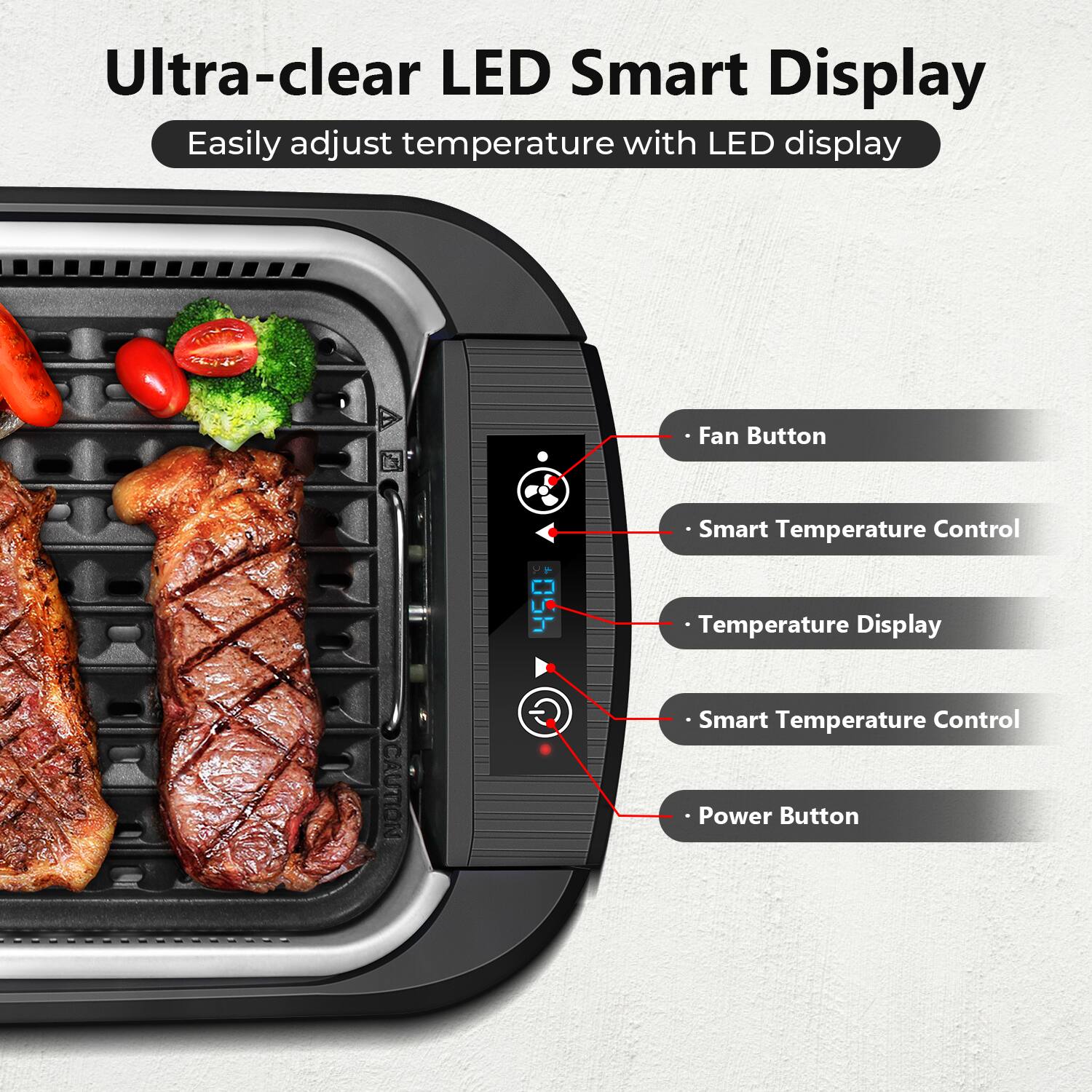 Ultra-clear LED Smart Display  
Easily adjust temperature with LED display  

- Fan Button  
- Smart Temperature Control  
- Temperature Display  
- Smart Temperature Control  
- Power Button