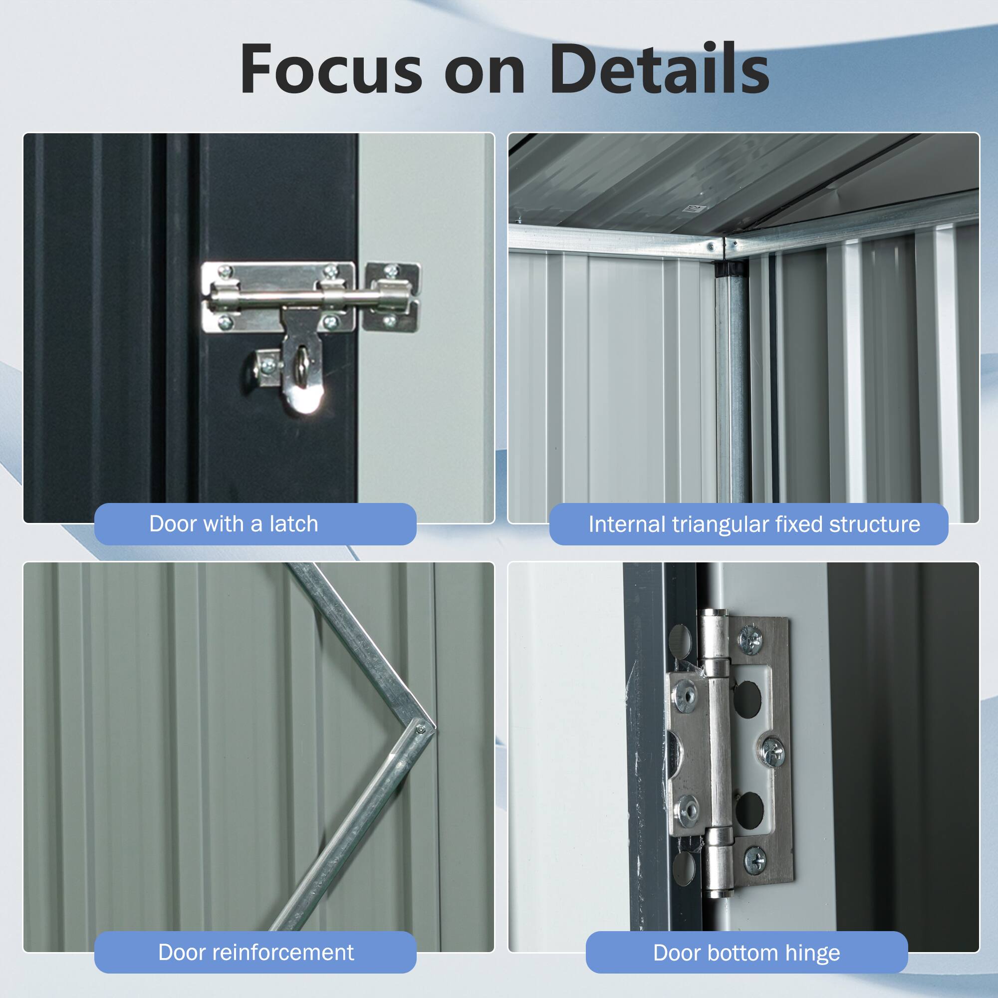 Focus on Details

- Door with a latch
- Internal triangular fixed structure
- Door reinforcement
- Door bottom hinge