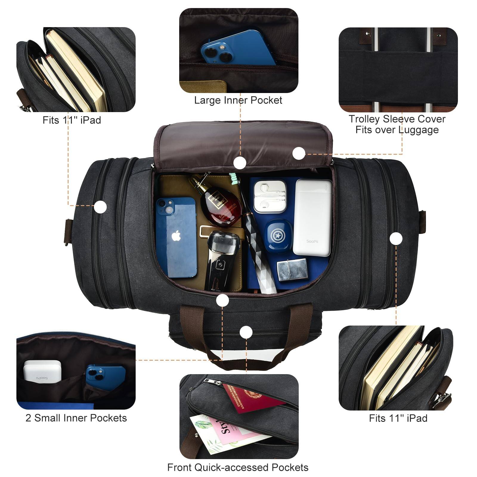 - Fits 11" iPad
- Large Inner Pocket
- Trolley Sleeve Cover Fits over Luggage
- 2 Small Inner Pockets
- Front Quick-accessed Pockets
- Fits 11" iPad