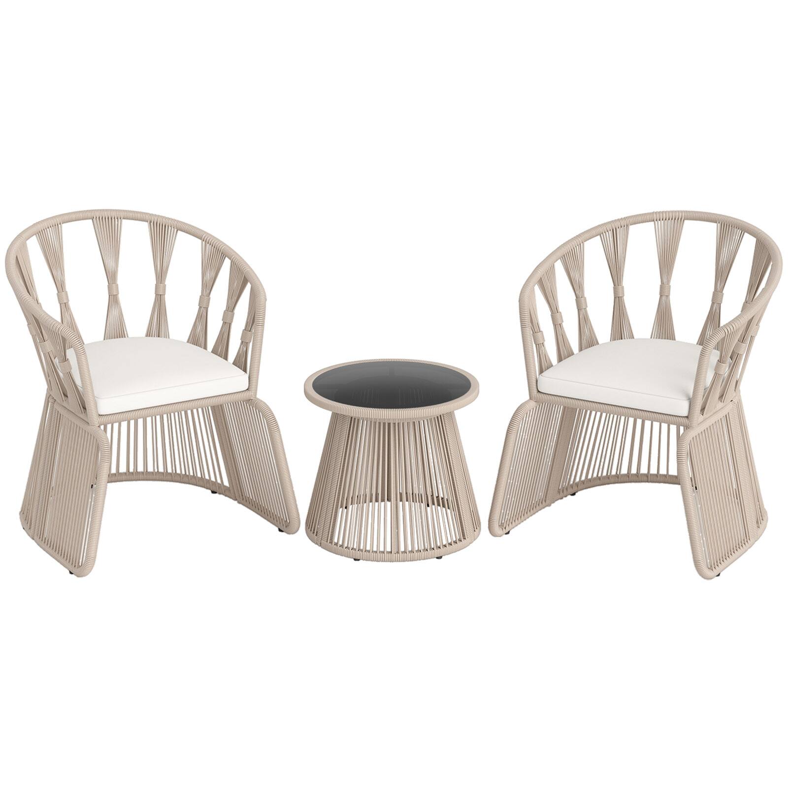 Alt View 6. Gymax - Gymax Set Of 3 Patio Leisure Chair Set Rope-Woven Armchairs & Table Set w/ Cushions - Beige.
