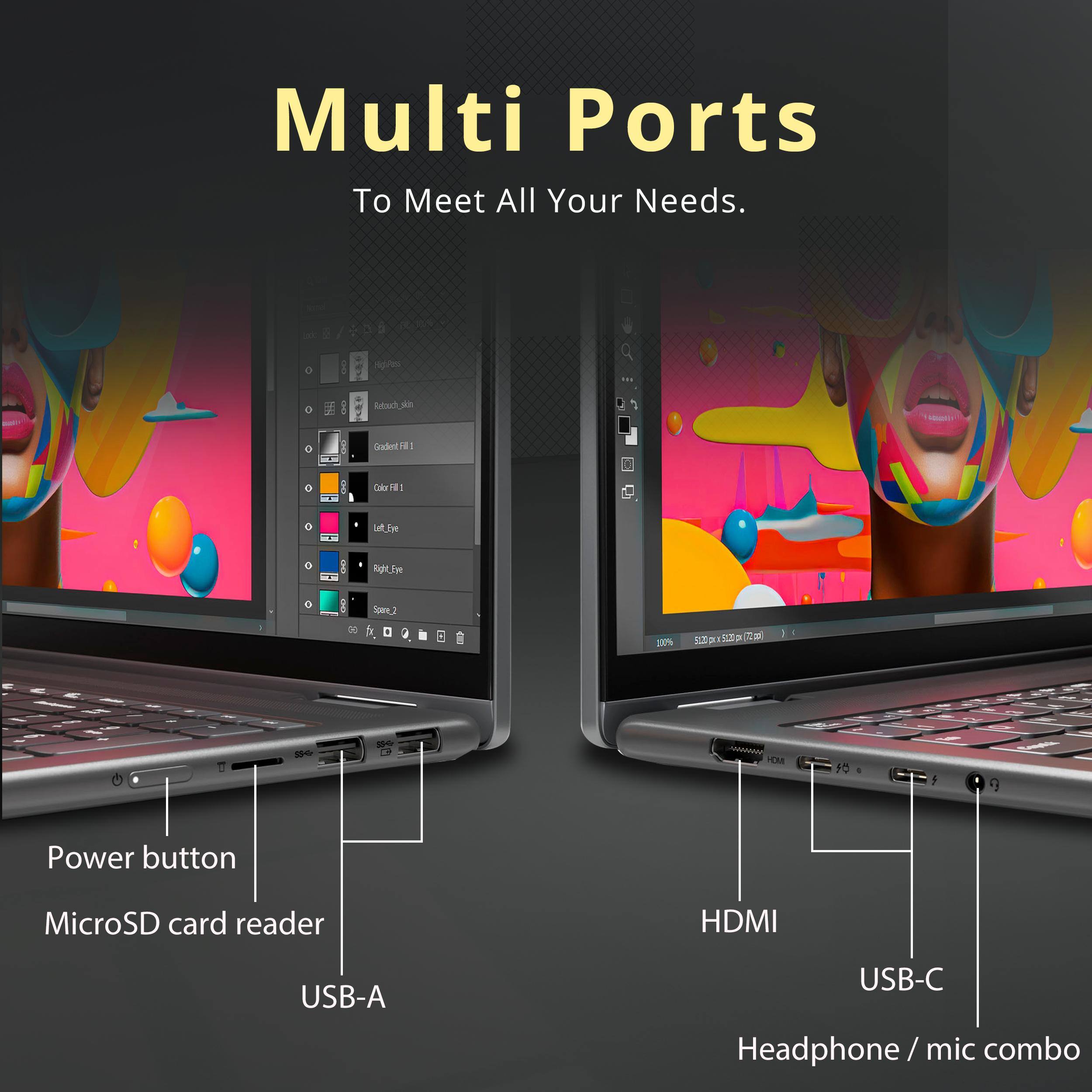 Multi Ports To Meet All Your Needs.

- Power button
- MicroSD card reader
- USB-A
- HDMI
- USB-C
- Headphone/mic combo