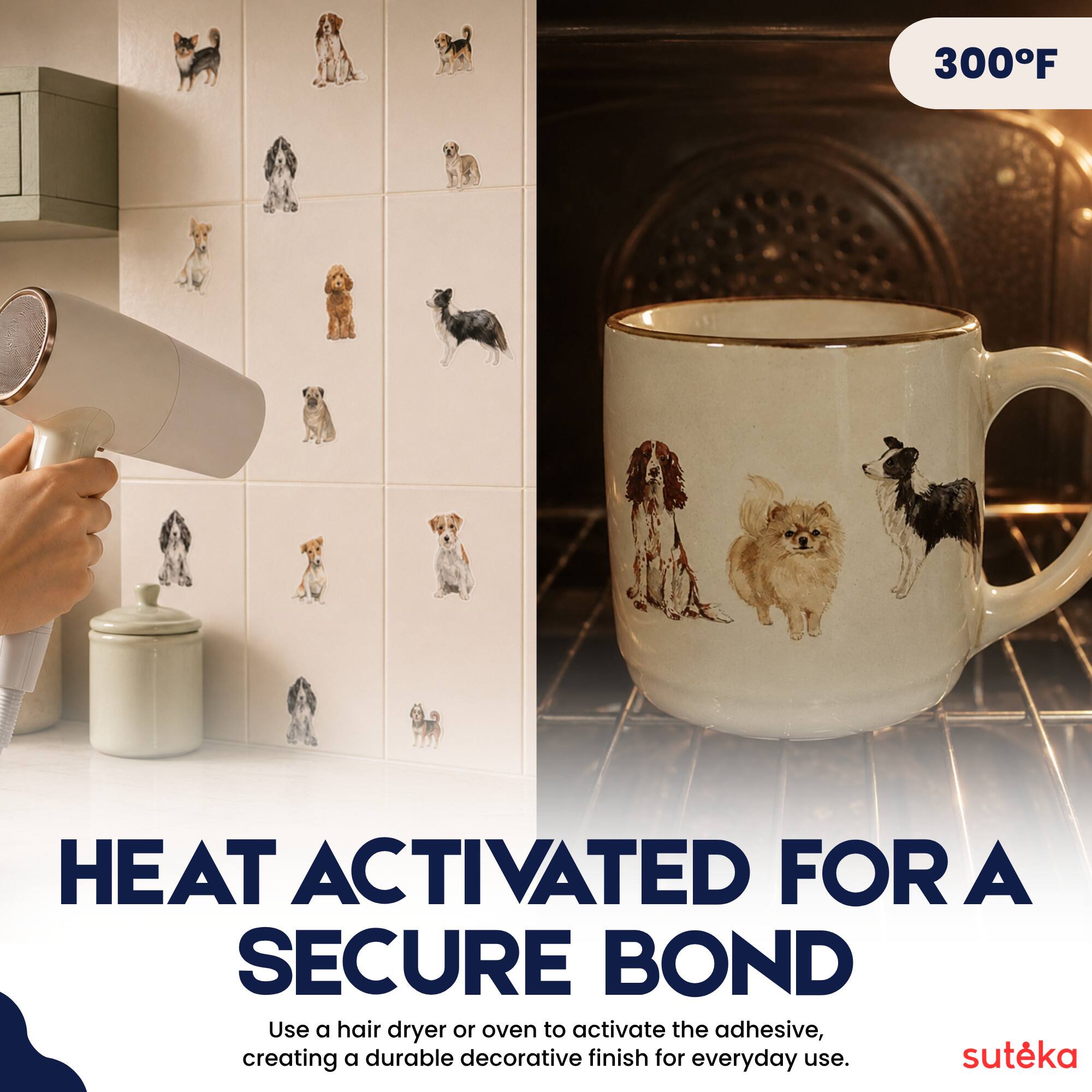 300°F HEAT ACTIVATED FOR A SECURE BOND

Use a hair dryer or oven to activate the adhesive, creating a durable decorative finish for everyday use.

sutéka