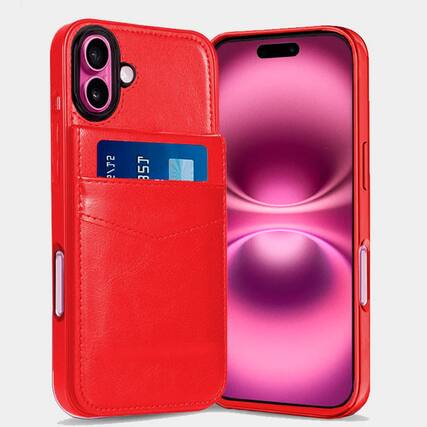 Front. Entronix - Entronix Slim Leather Wallet Case for iPhone 16 Plus - 6 Slot Card Holder - Red.