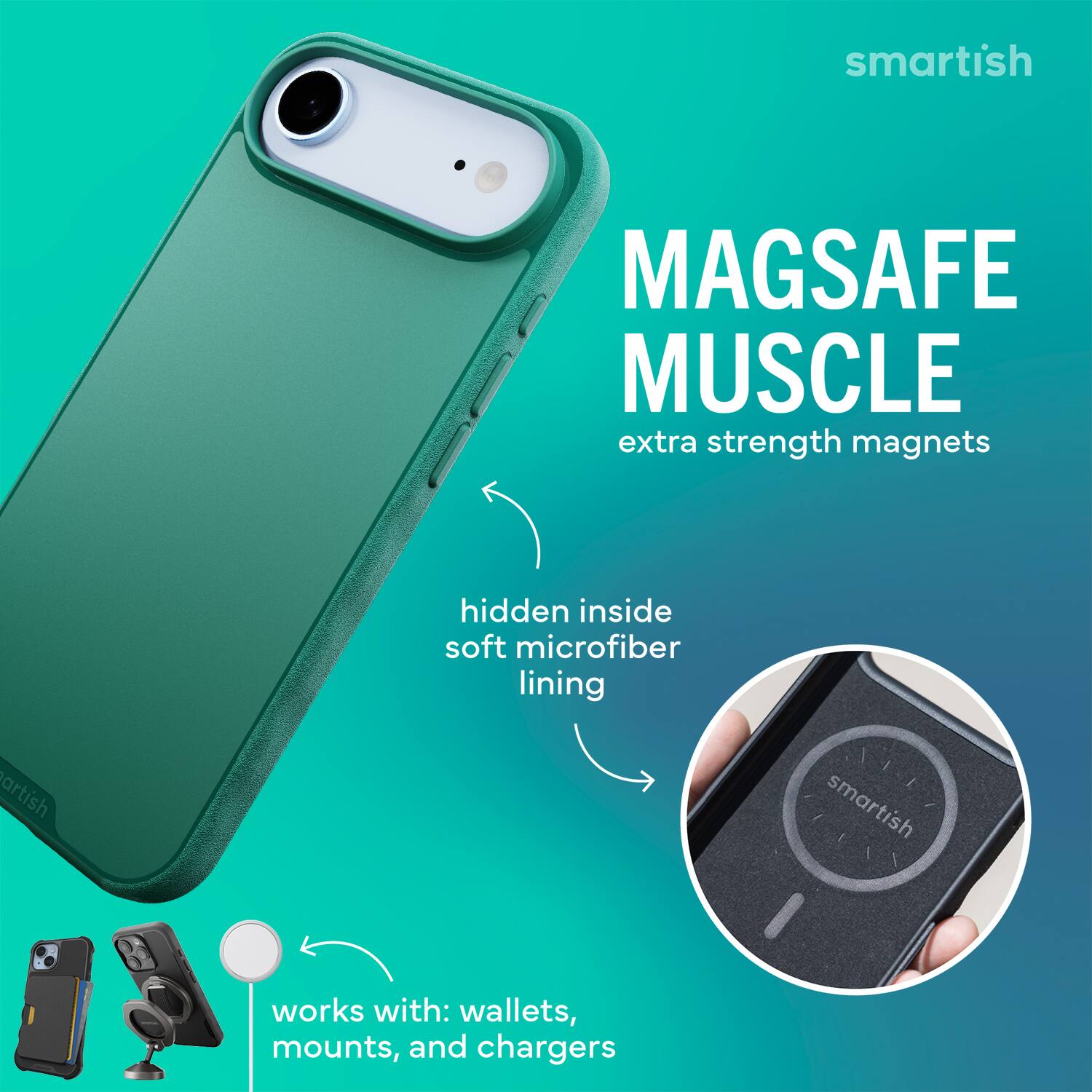 smartish MAGSAFE MUSCLE extra strength magnets hidden inside soft microfiber lining smartish works with: wallets, mounts, and chargers