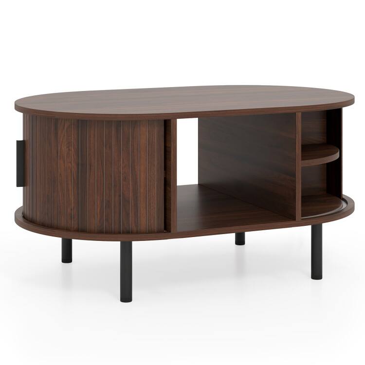 Front. SlickBlue - Oval Coffee Table with Open Storage Compartment & Sector Shelves, Modern Design - Walnut.