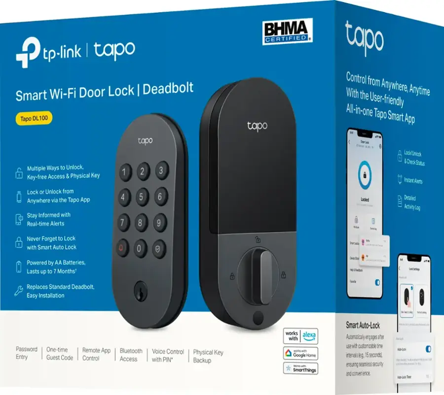 P tp-link tapo Wi-Fi Door Lock Deadbolt Smart Tapo DL100 topo Multiple Ways to Unlock, 1 2 3 Key-free Access 5 Physical Key Lock or Unlock from via the Tapo App 4 5 6 Anywhere Stay Informed with Real-time Alerts 7 8 9 BHMA CERTIFIED . tapo Control from With Anywhere, Anytime the User-friendly All-in-one Ta Smart App tapo - 0 Lock Unlack I Check Status Instant Alerts Lacked Detailed Activty Log Sann Never Forget to Lock with Smart Auto Lock Powered by AA Batteries. Lasts up to 7 Months' 0 0 0 - Irrad eit - Seebe ie Smp Replaces Standard Deadbolt. Easy Installation Sala I Password One-time Entry Guest Code Remote App Bluetooth Voice Control Physical Key Control Access with PIN Backup works alexa with works - Google Home SmartThings Smart Auto-Lock Automaticaly engages ar use tv customizable tne intervals leg. 15 seconds] ensuring seamless security and convenience.