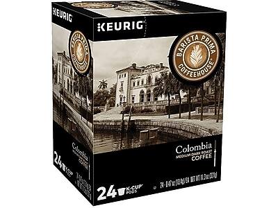 Sure, here is the corrected and grouped text from the image:

**Brand:**
- KEURIG

**Product Line:**
- BARISTA PRIMA
- COFFEEHOUSE

**Product Name:**
- Colombia
- MEDIUM-DARK ROAST COFFEE

**Details:**
- 24 K-CUP PODS
- 11.3 oz (320g)

**Certification:**
- BARISTA PRIMA
- COFFEEHOUSE

**Additional Information:**
- 24 servings
- 11.3 oz (320g)