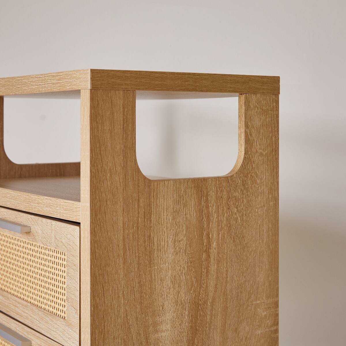 Alt View 8. Loheer - Loheer Set of 2 Nightstands With Drawers, Natural Wood Bedside Tables With Rattan Detail, Bedroom Storage - Natural Wood.