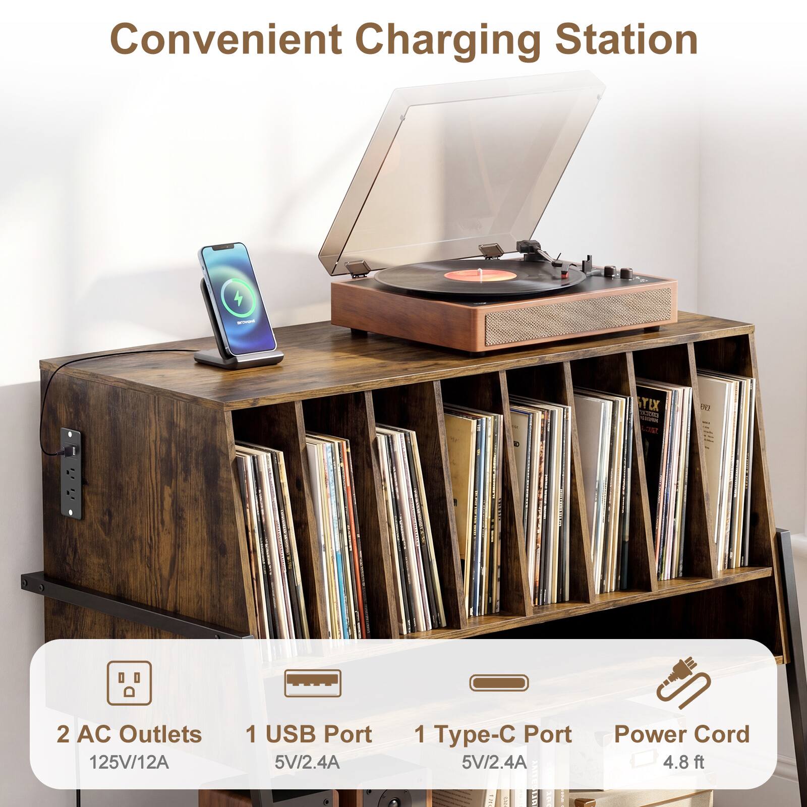 Convenient Charging Station - TIX H - 2 AC Outlets 125V/12A 1 USB Port 5V/2.4A 1 Type-C Port 5V/2.4A 10 Power Cord 4.8 ft