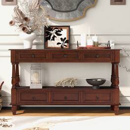 GOODSILO - Vintage Style Solid Wood Console Table with Six Drawers and Two-Tier Shelf for Living Room and Entryway - Cherry